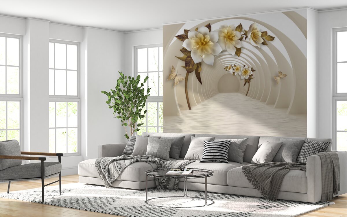 Фотошпалери виглядаючи назовні, можна побачити білі лотоси, прикрашені золотом