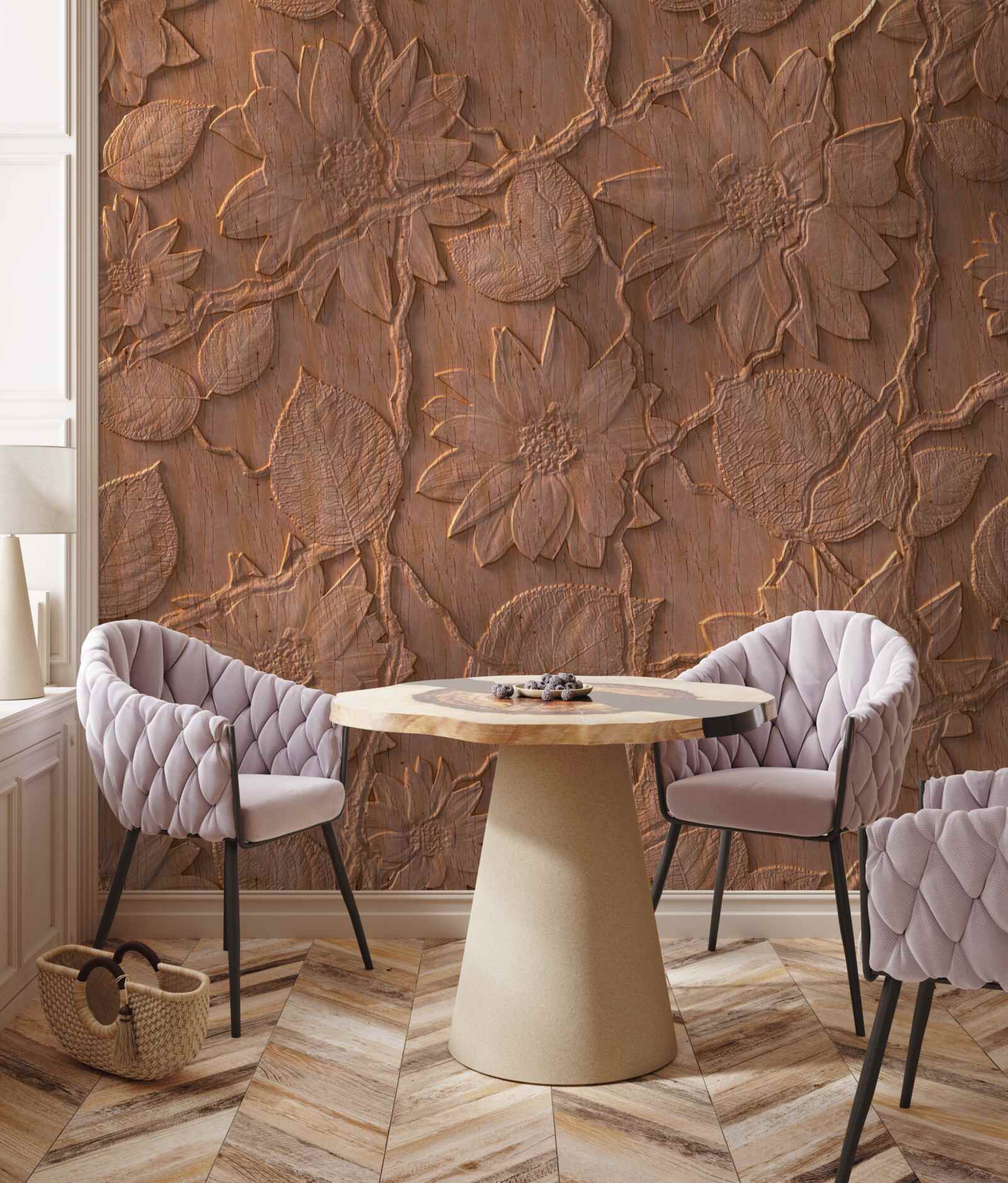 Фотошпалери штукатурка з квітами, виготовлена з необробленої деревини