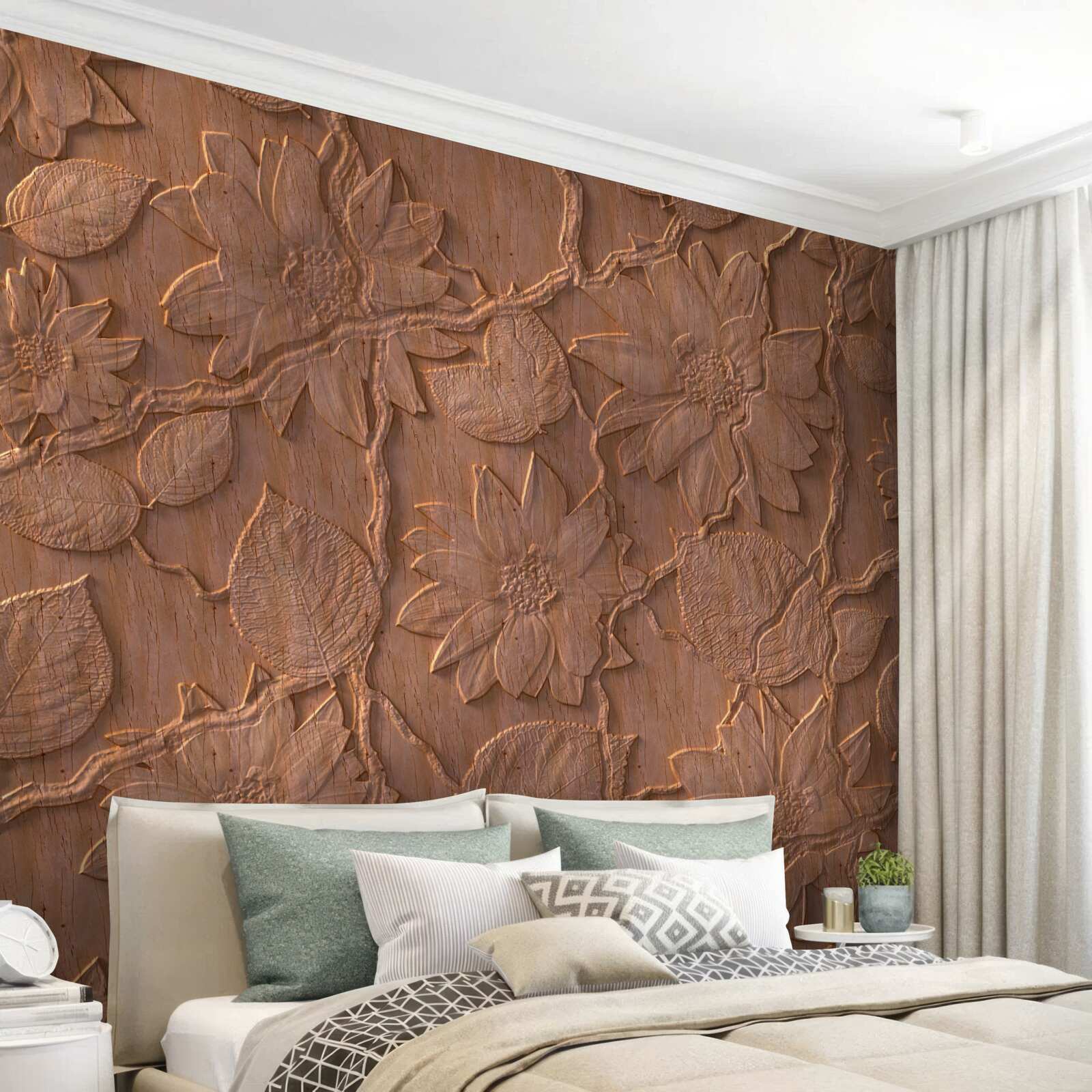 Фотошпалери штукатурка з квітами, виготовлена з необробленої деревини