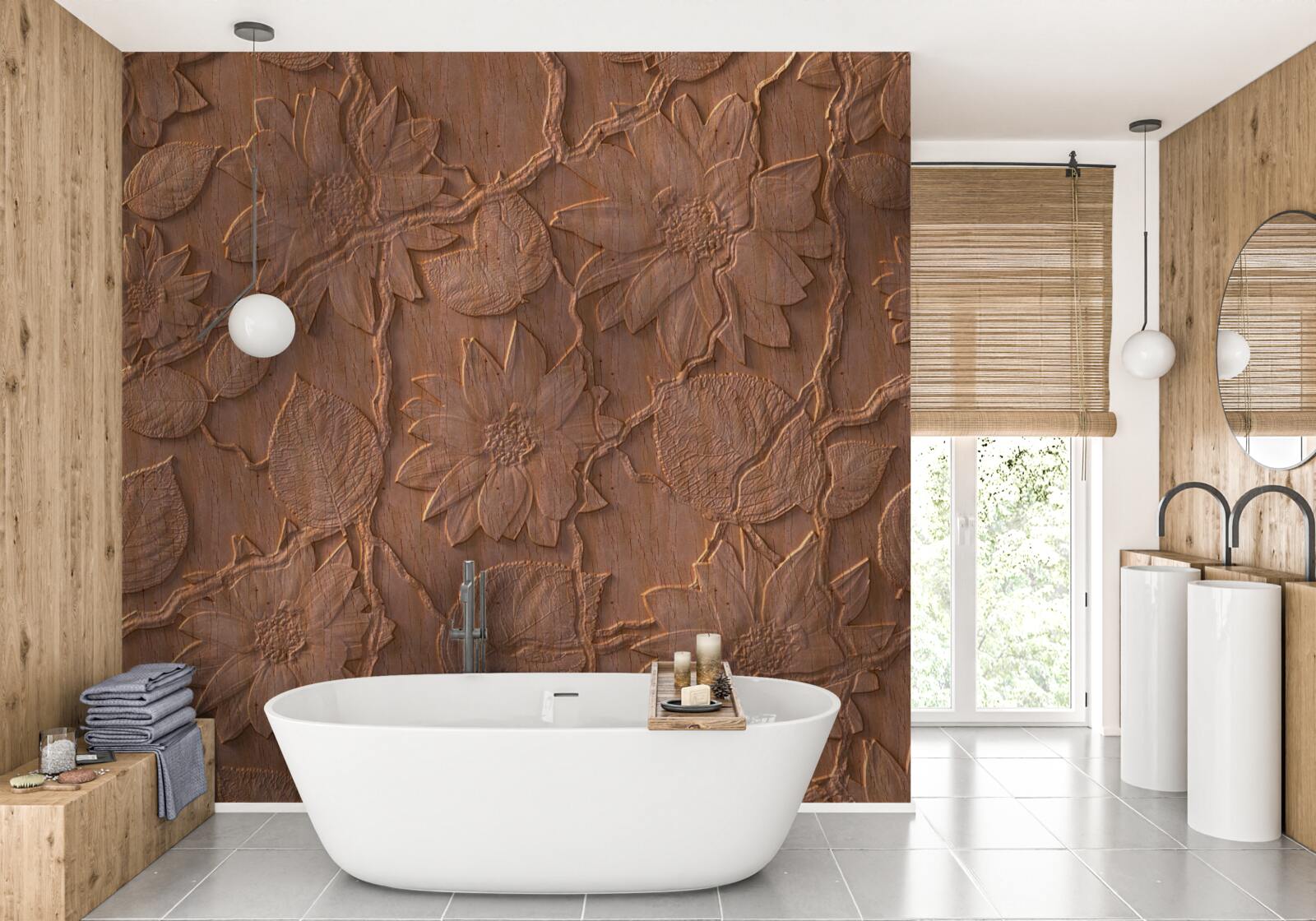 Фотошпалери штукатурка з квітами, виготовлена з необробленої деревини