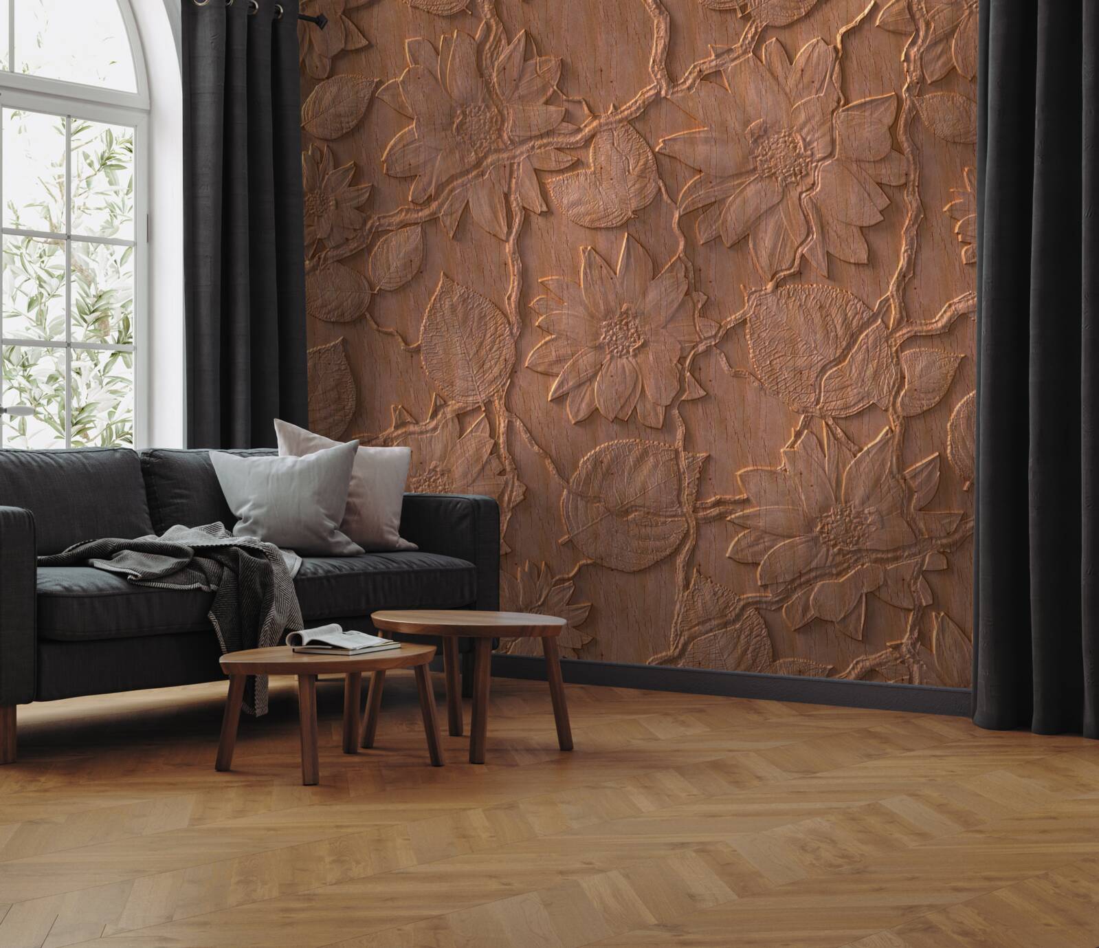 Фотошпалери штукатурка з квітами, виготовлена з необробленої деревини