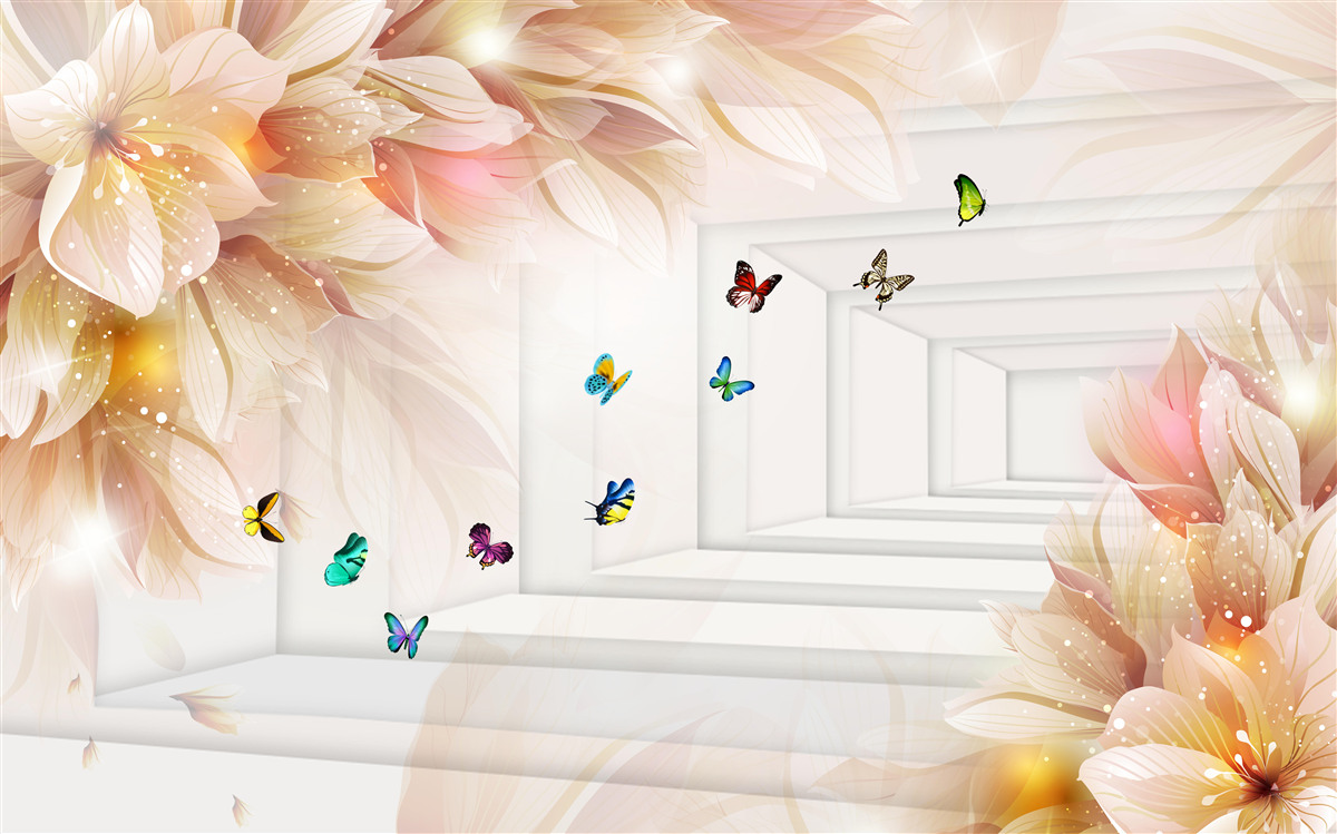 Фотошпалери тунель наповнений кольором: квіти та різнокольорові метелики