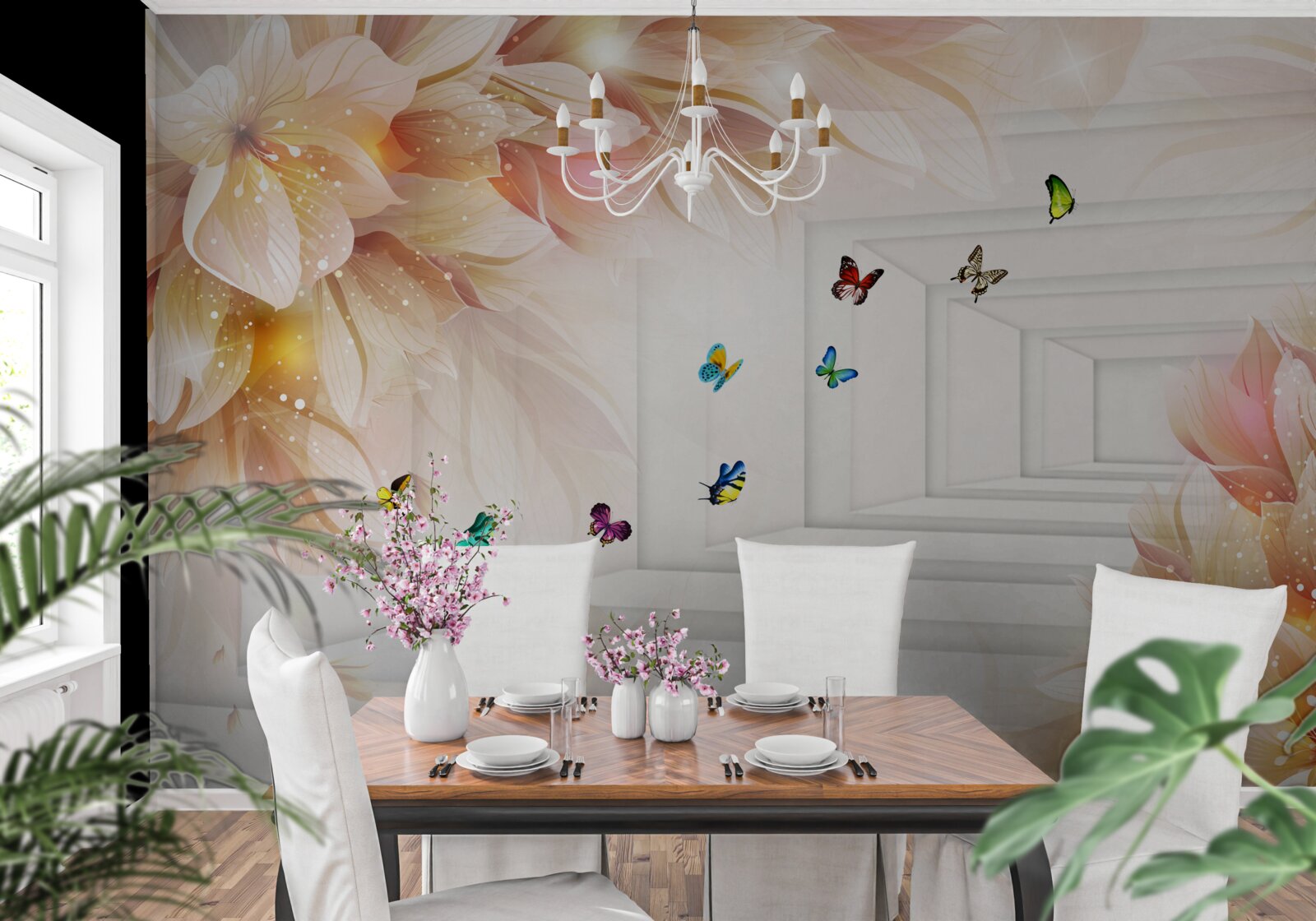 Фотошпалери тунель наповнений кольором: квіти та різнокольорові метелики