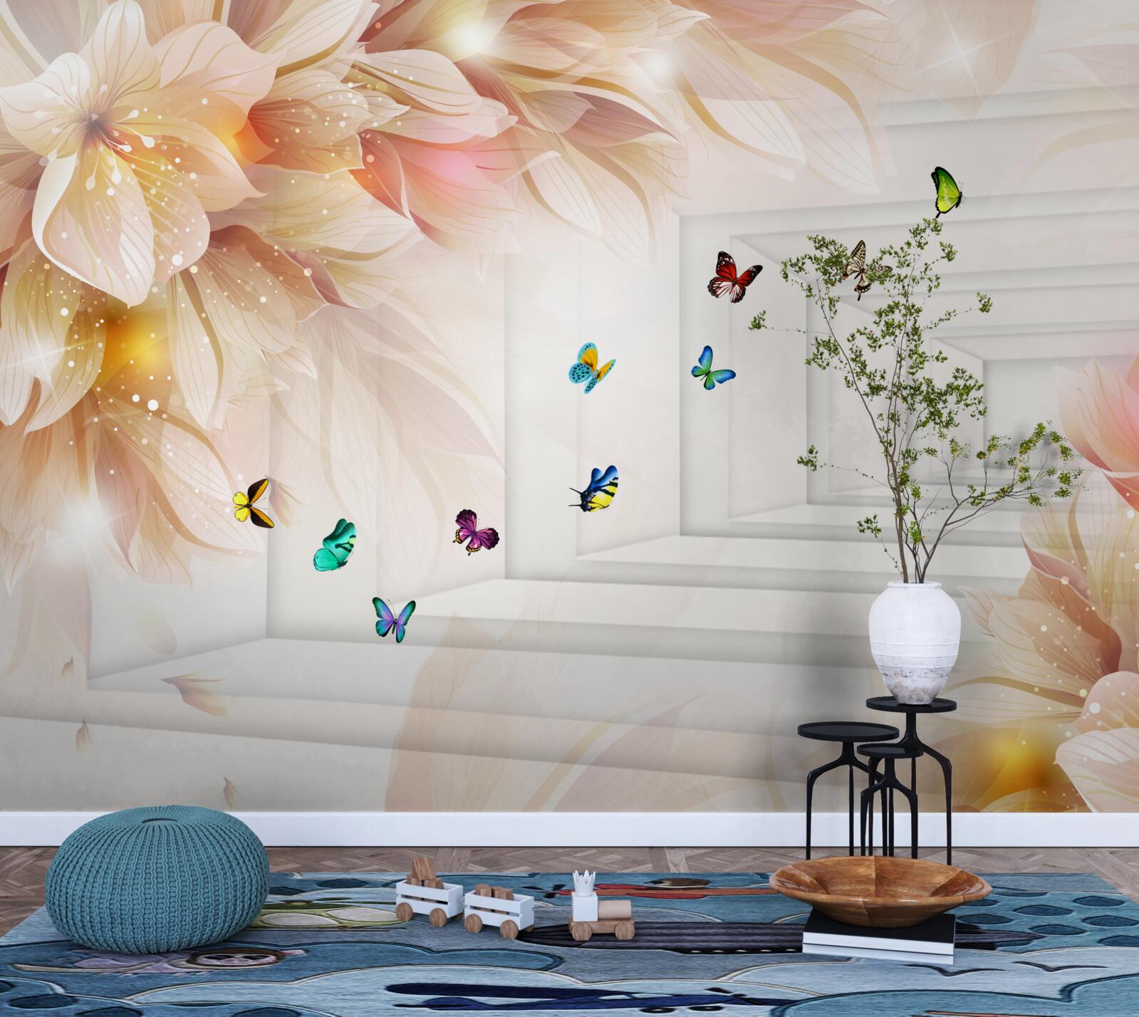 Фотошпалери тунель наповнений кольором: квіти та різнокольорові метелики