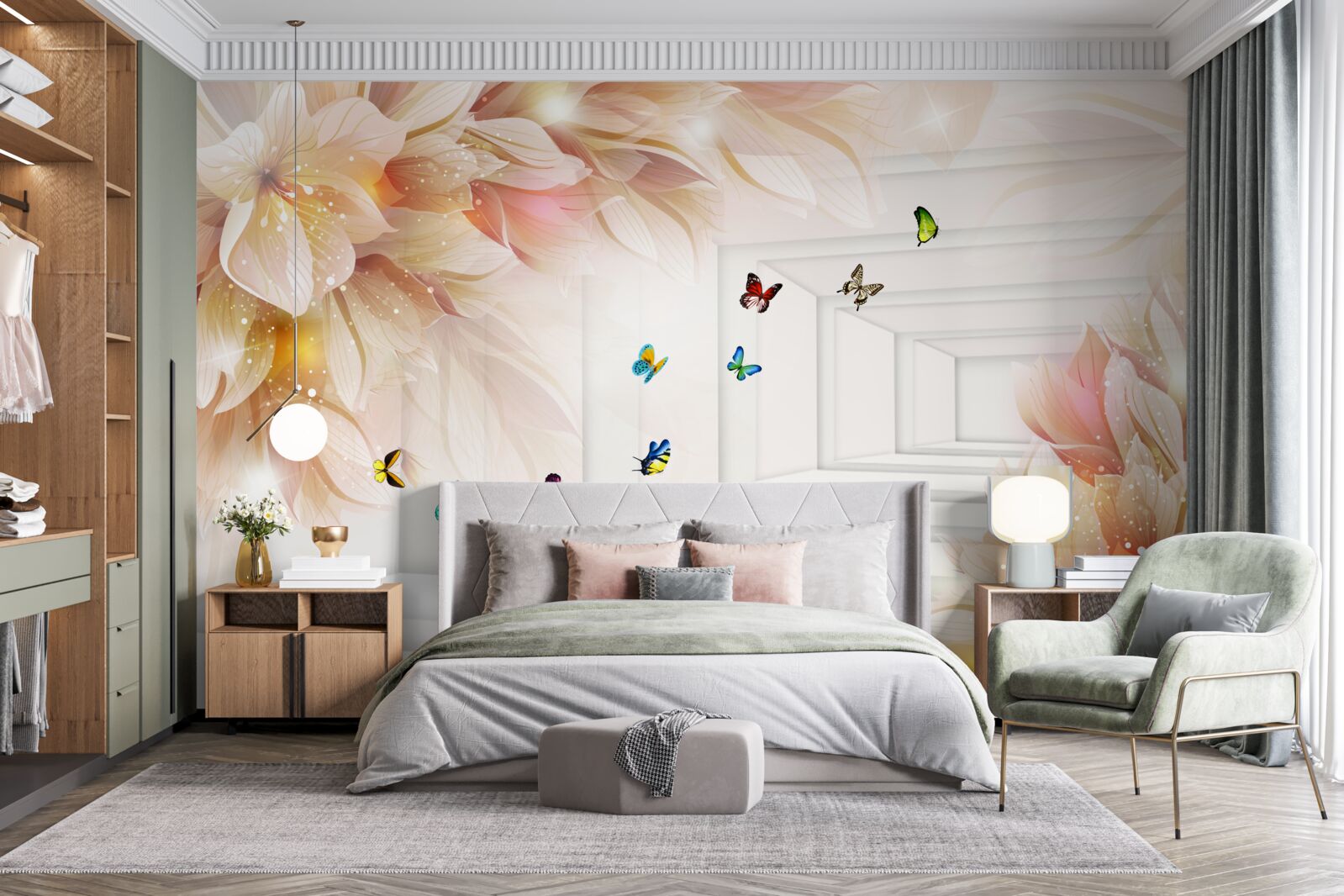 Фотошпалери тунель наповнений кольором: квіти та різнокольорові метелики