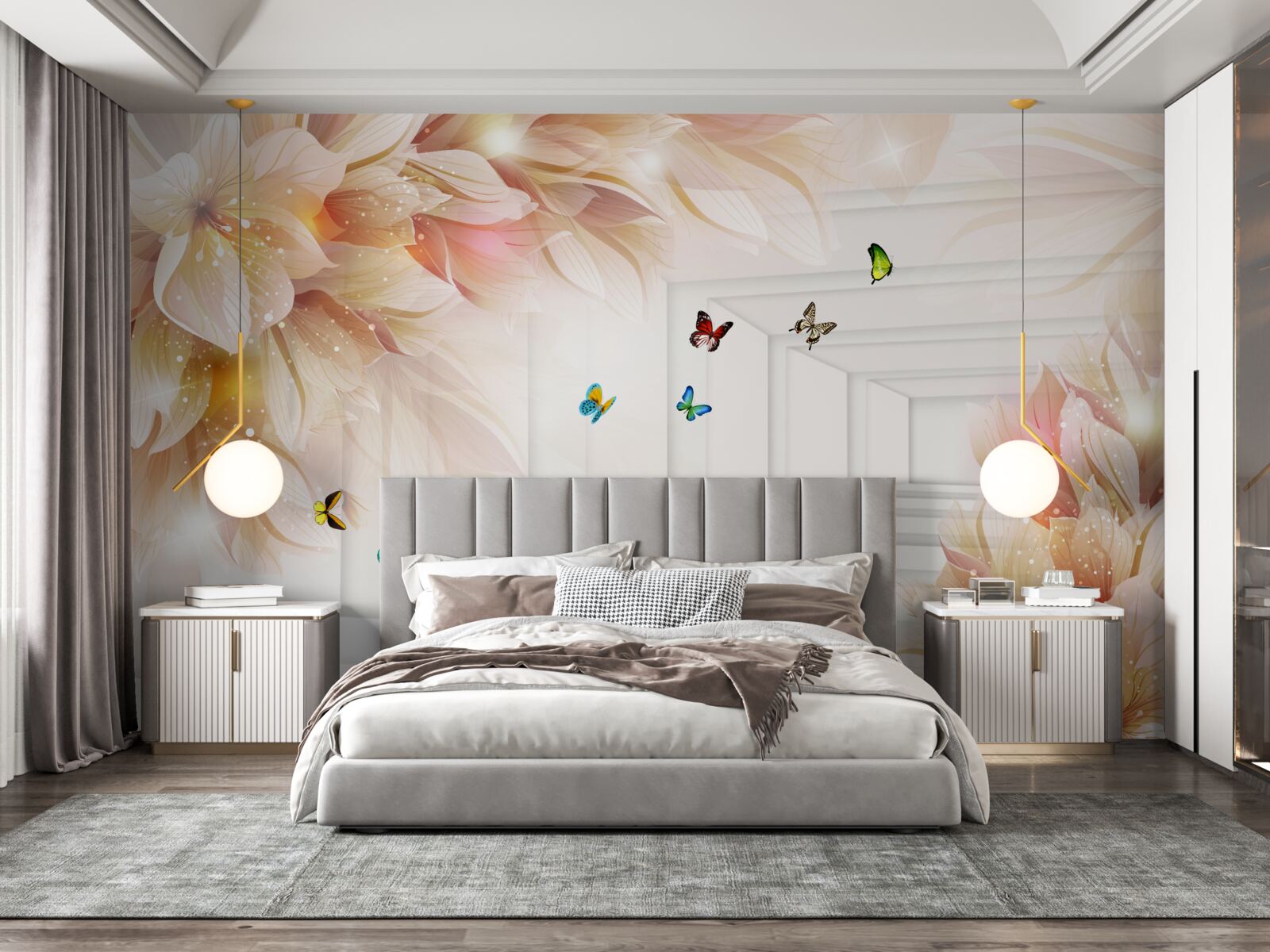 Фотошпалери тунель наповнений кольором: квіти та різнокольорові метелики