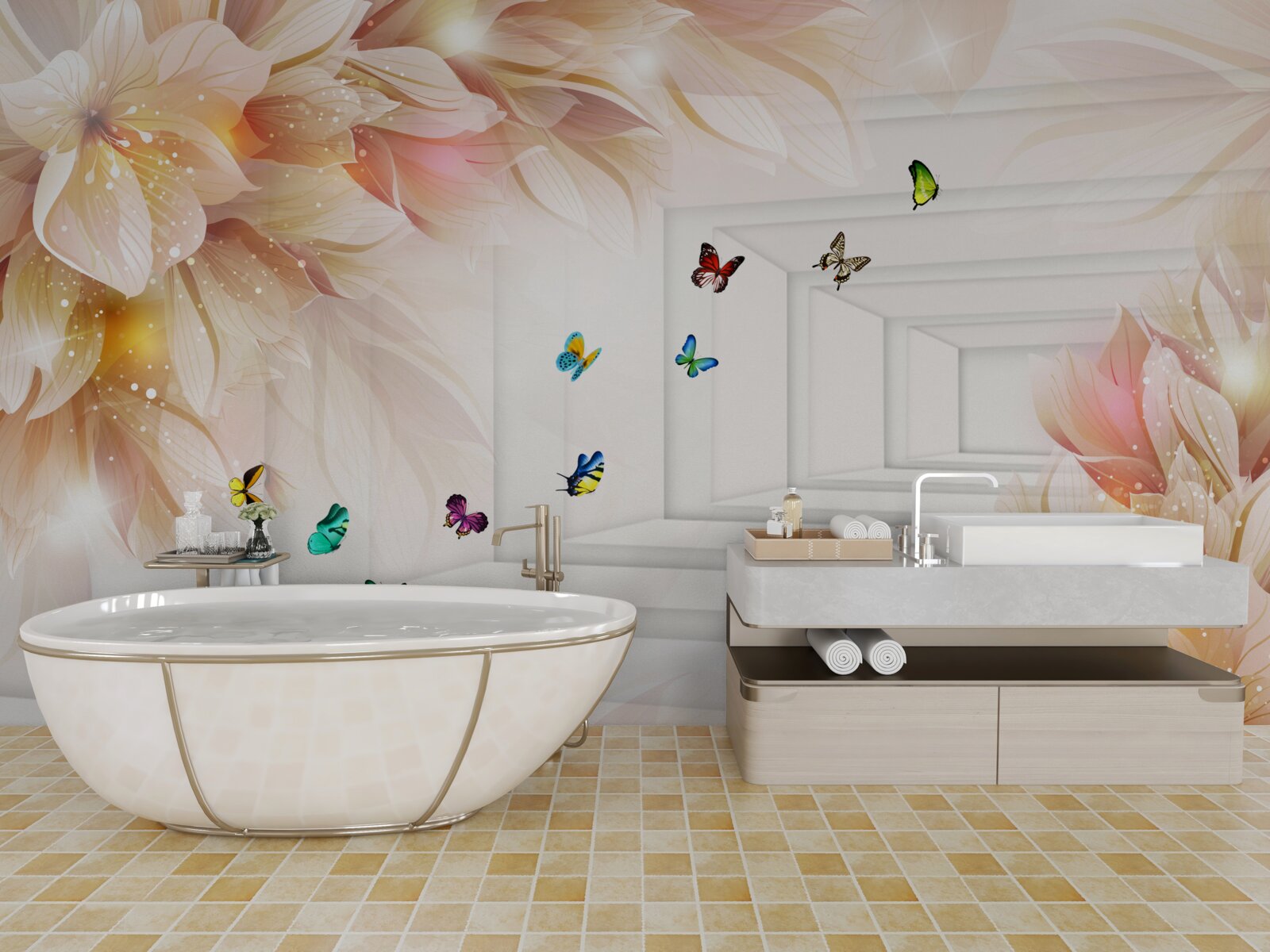 Фотошпалери тунель наповнений кольором: квіти та різнокольорові метелики