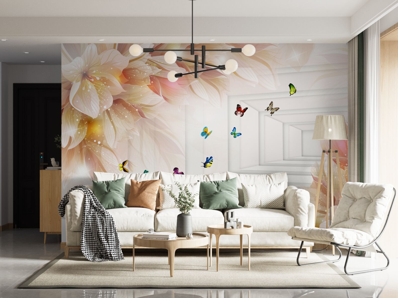 Фотошпалери тунель наповнений кольором: квіти та різнокольорові метелики