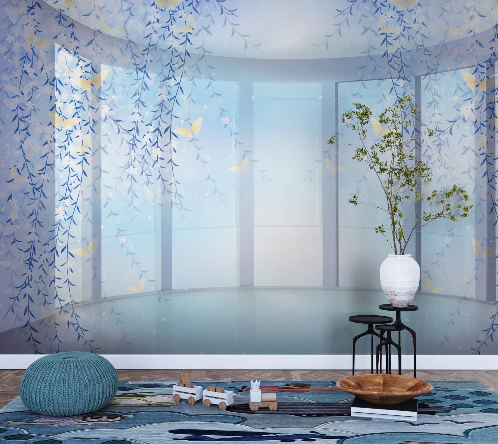 Фотошпалери балкон з панорамним видом у блакитних відтінках