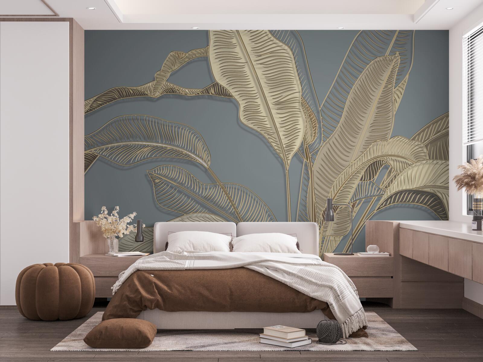 Фотошпалери листя із золотого пір'я яскраво мерехтить на темному тлі