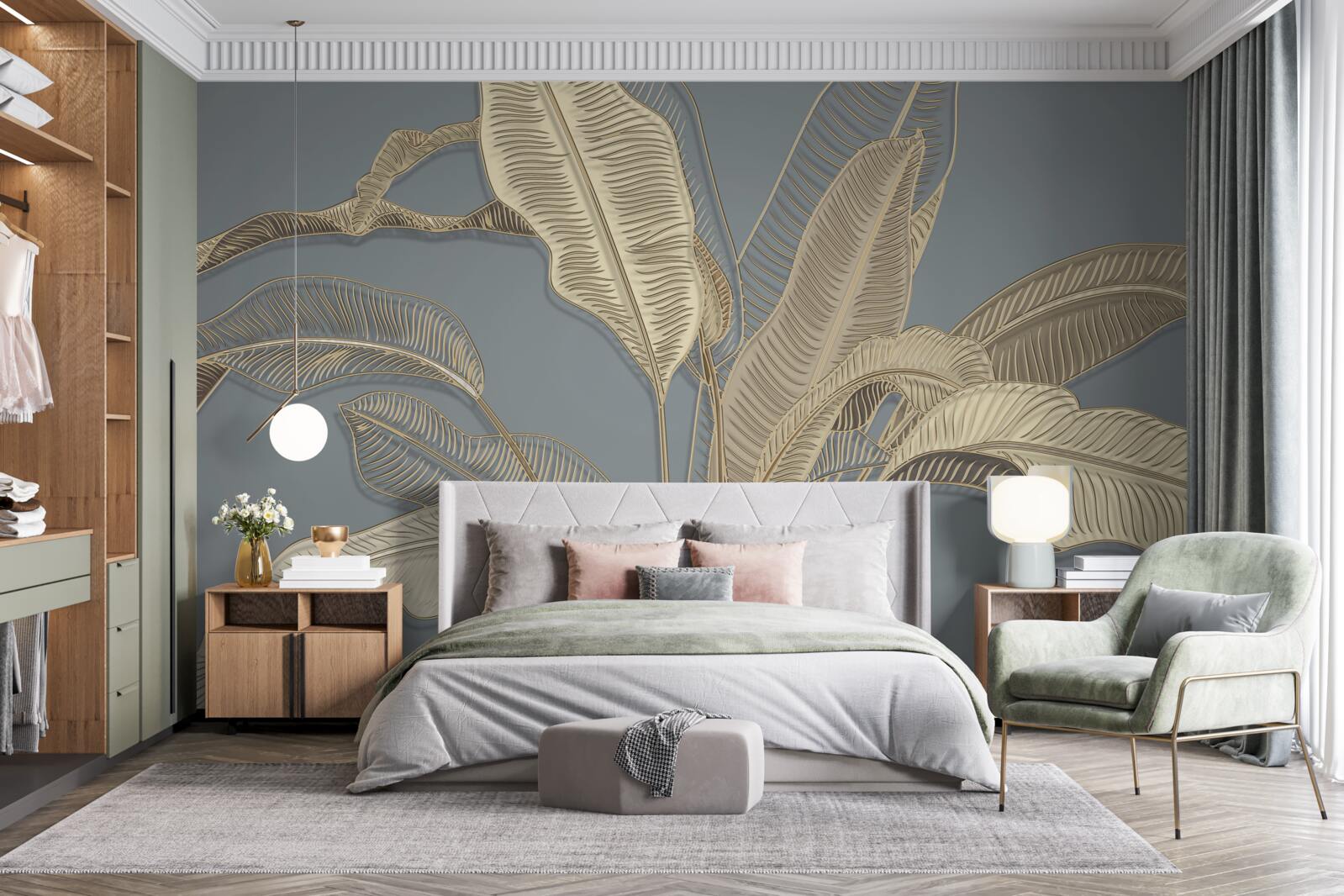 Фотошпалери листя із золотого пір'я яскраво мерехтить на темному тлі