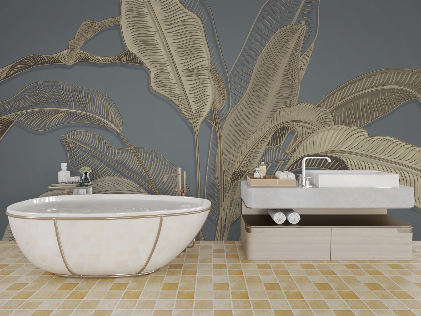 Фотошпалери листя із золотого пір'я яскраво мерехтить на темному тлі