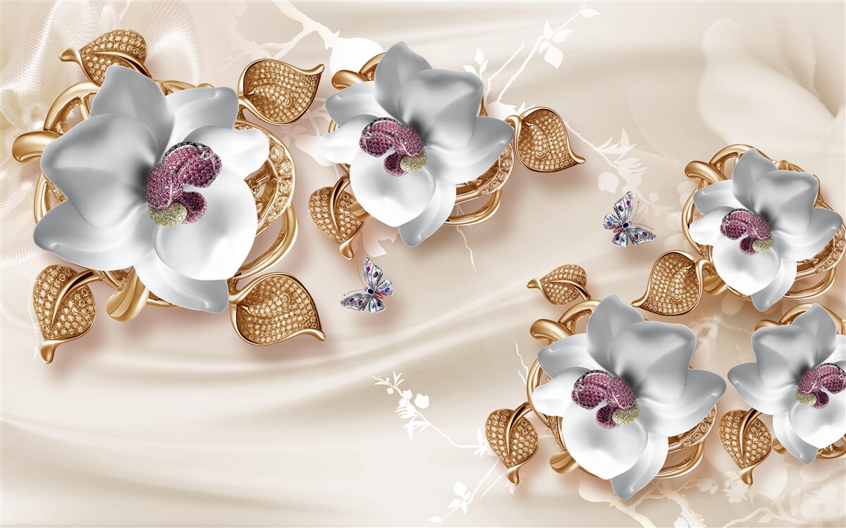 Фотошпалери біла орхідея з золотистим листям