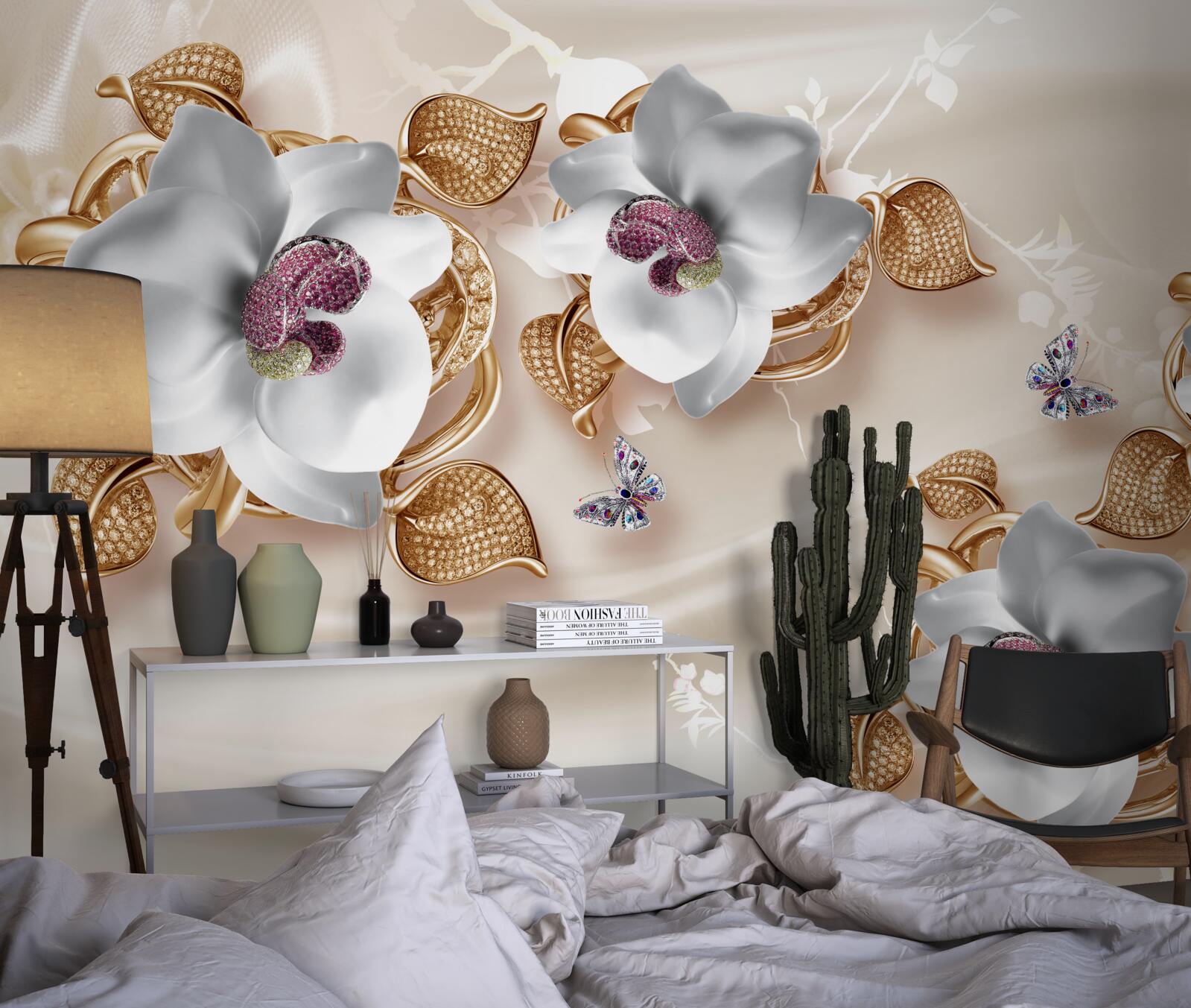 Фотошпалери біла орхідея з золотистим листям