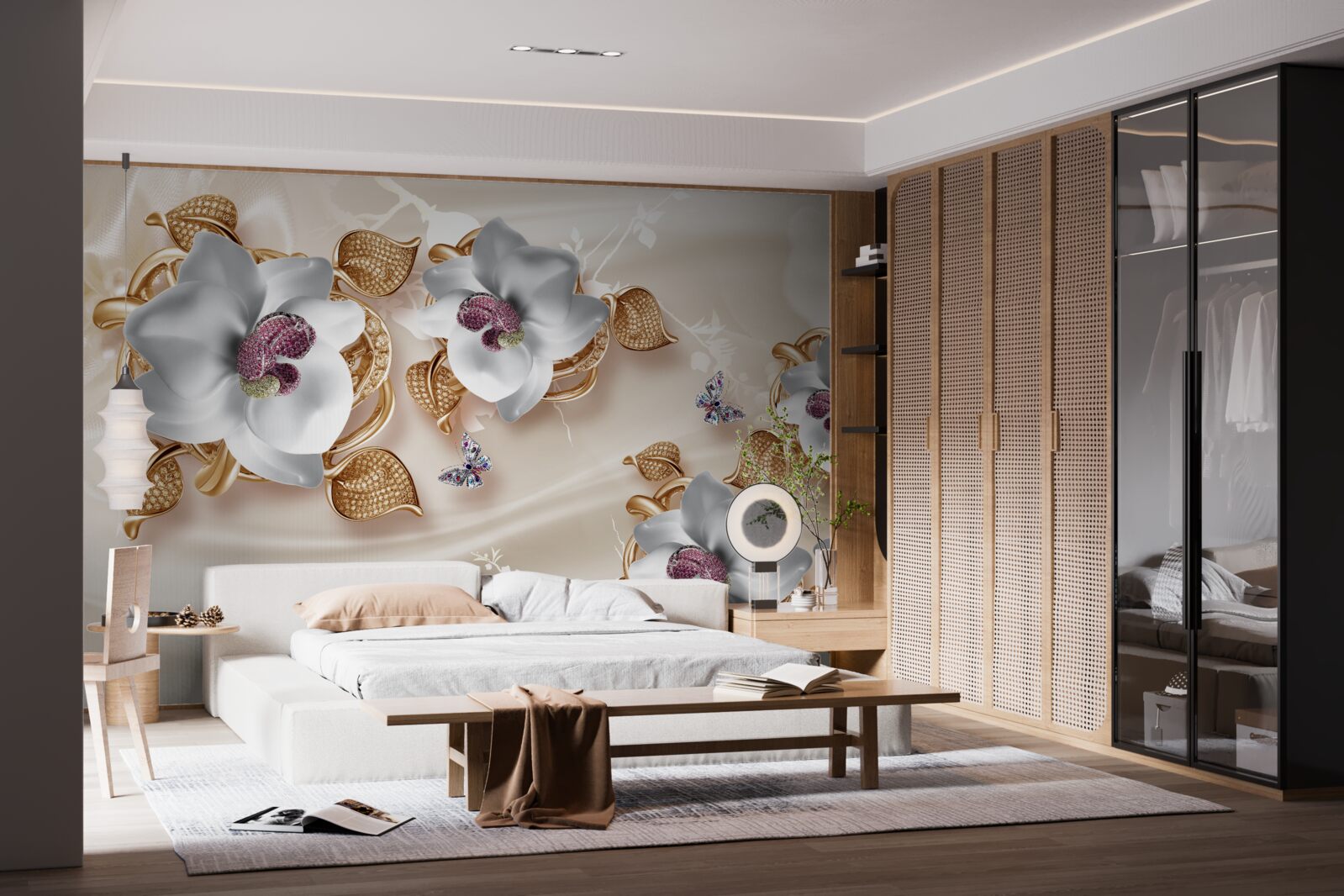 Фотошпалери біла орхідея з золотистим листям