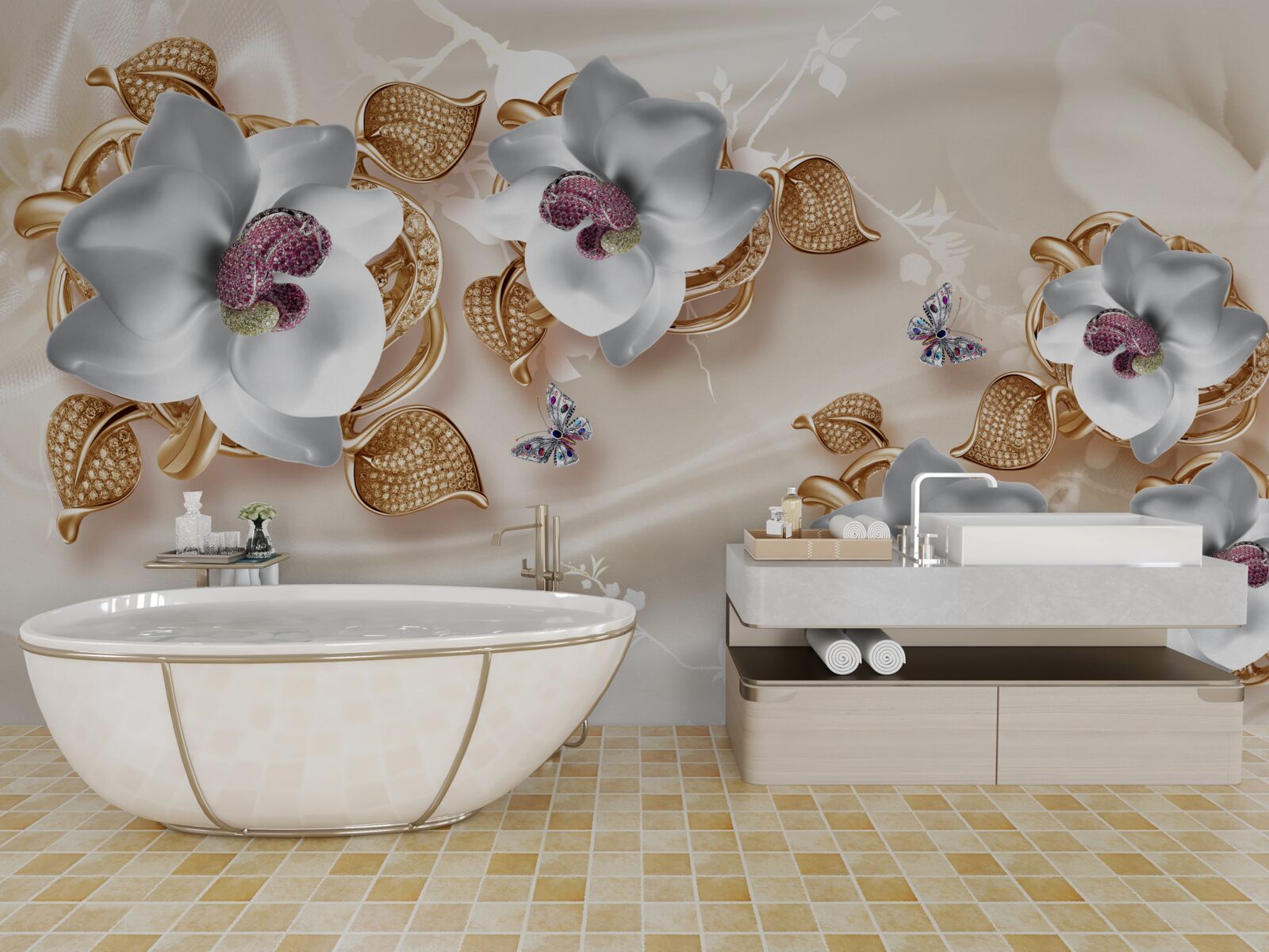 Фотошпалери біла орхідея з золотистим листям