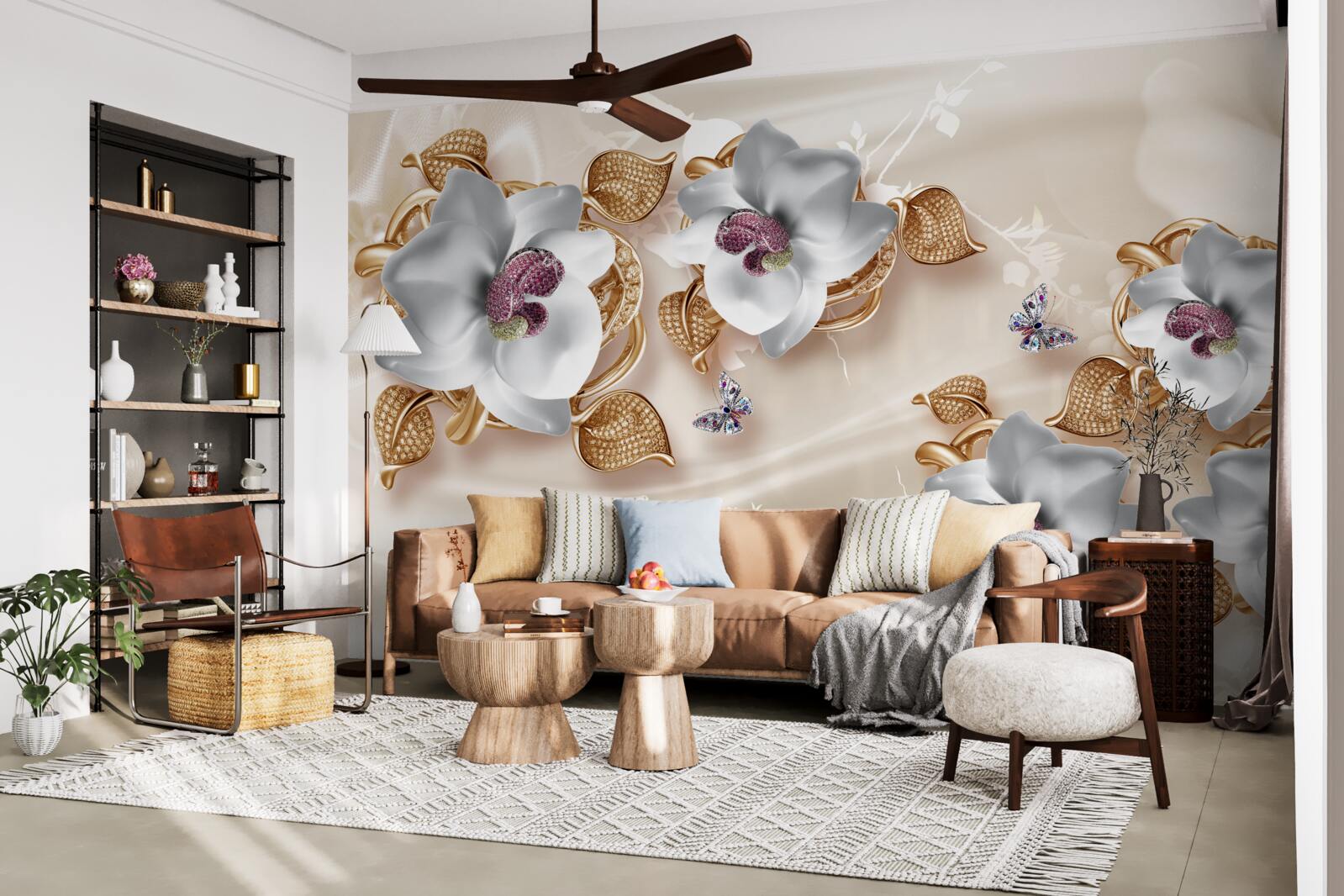 Фотошпалери біла орхідея з золотистим листям