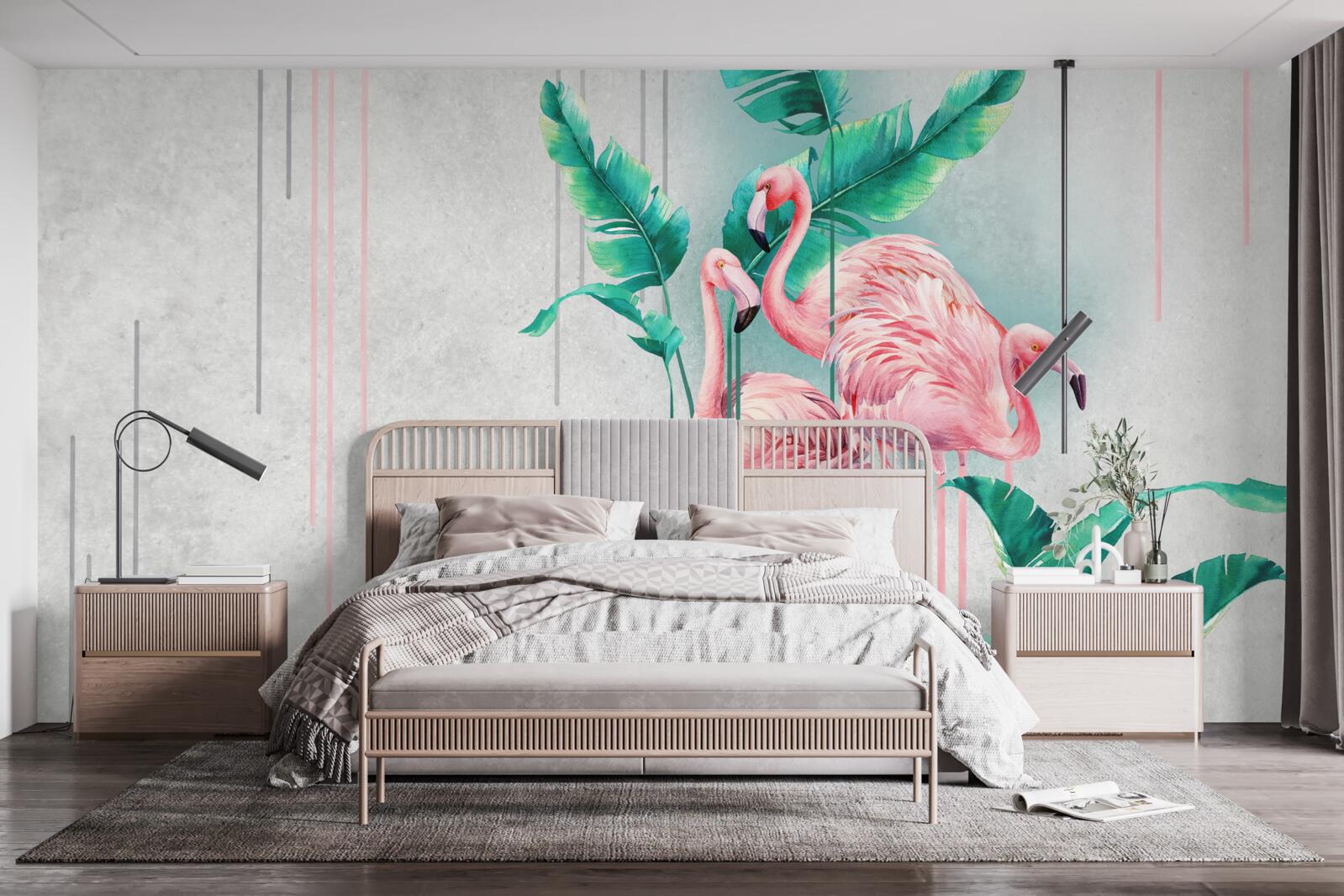 Фотошпалери тропічні рожеві фламінго