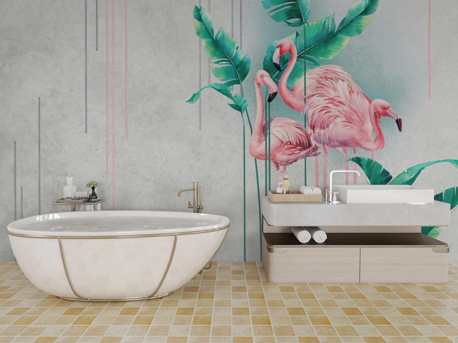 Фотошпалери тропічні рожеві фламінго