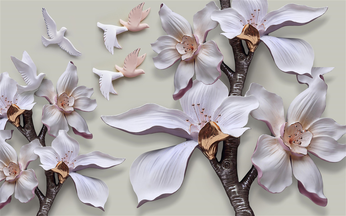 Фотошпалери Білосніжні квіти та птахи