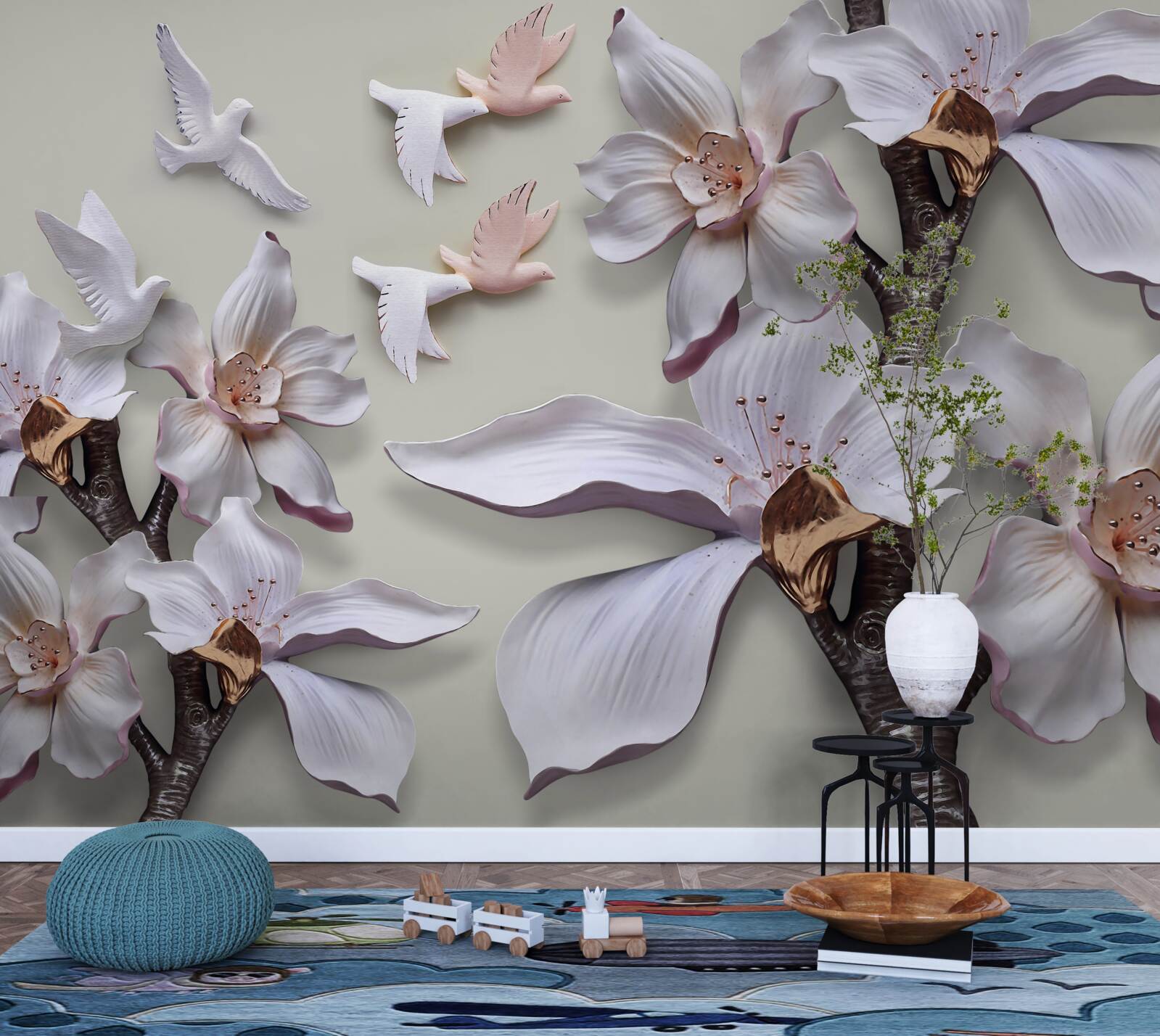 Фотошпалери Білосніжні квіти та птахи