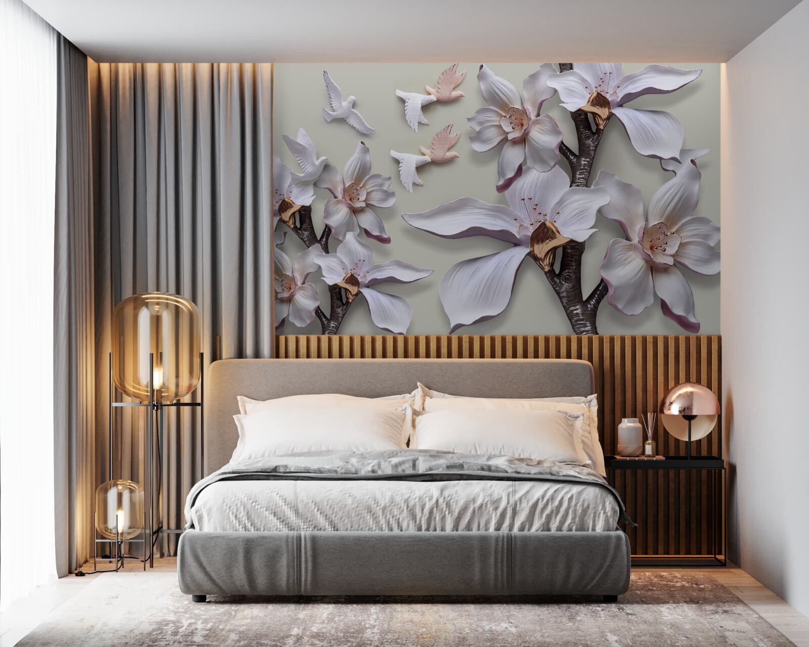 Фотошпалери Білосніжні квіти та птахи