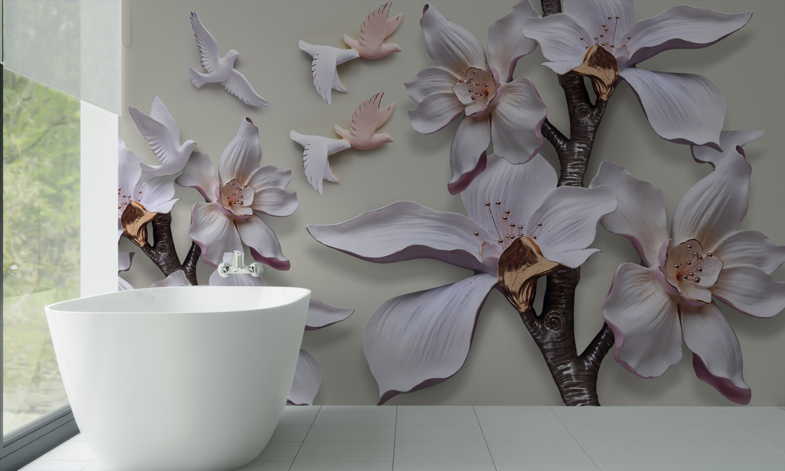 Фотошпалери Білосніжні квіти та птахи