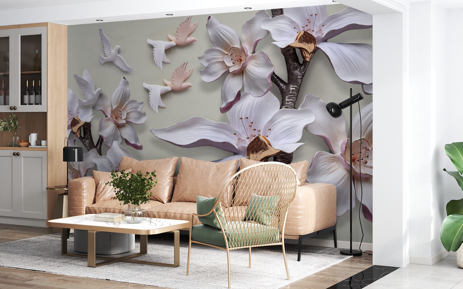 Фотошпалери Білосніжні квіти та птахи