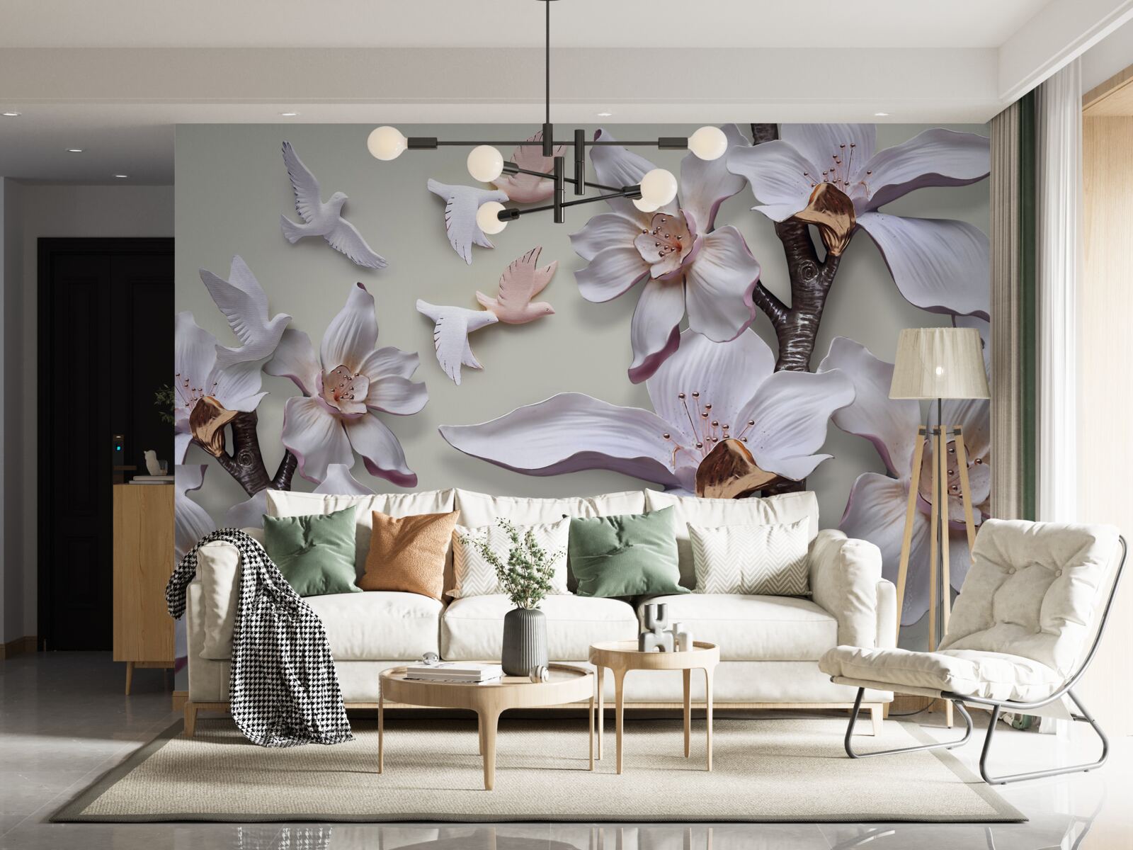 Фотошпалери Білосніжні квіти та птахи