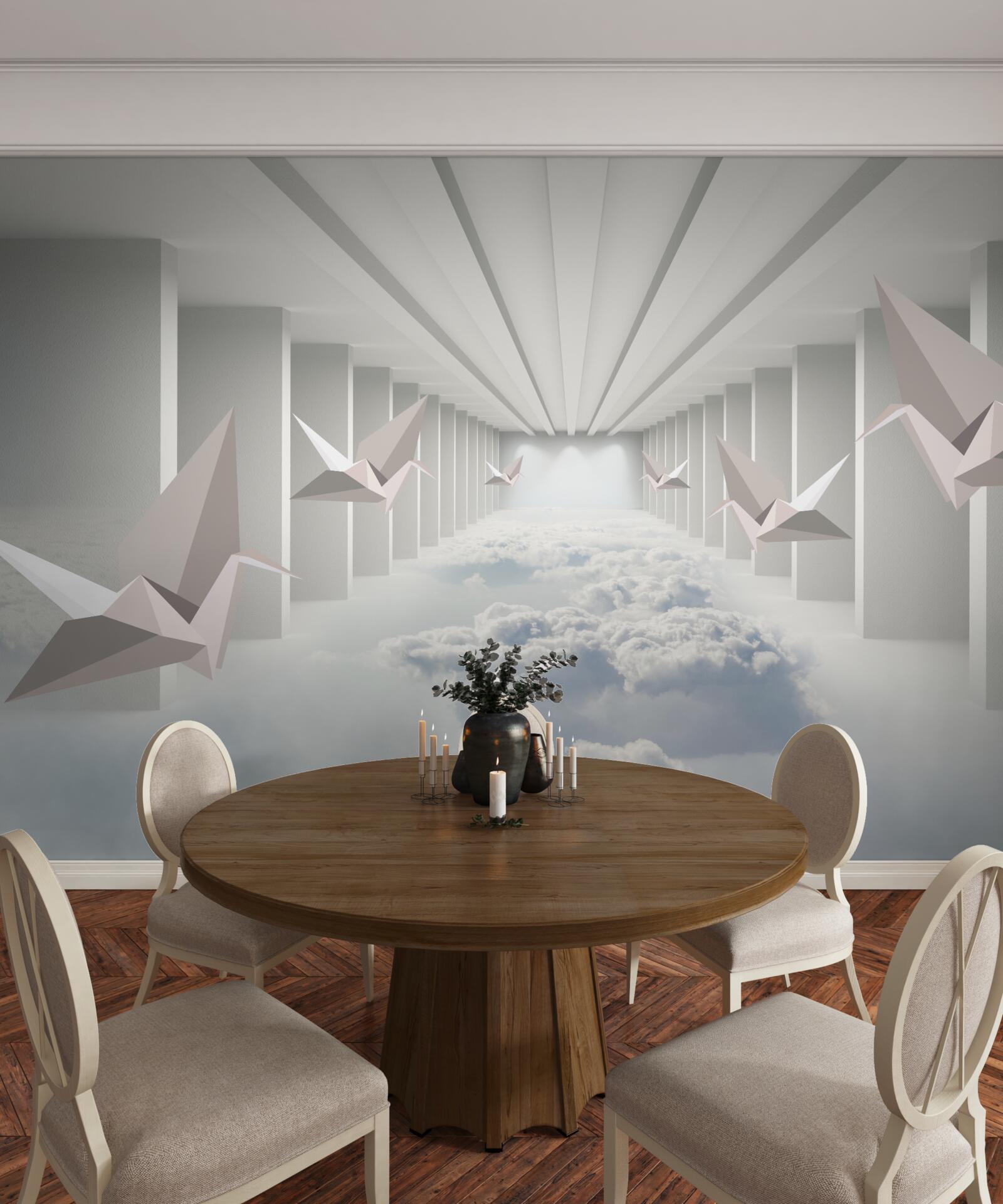 Фотошпалери абстрактна геометрія птахів у хмарах