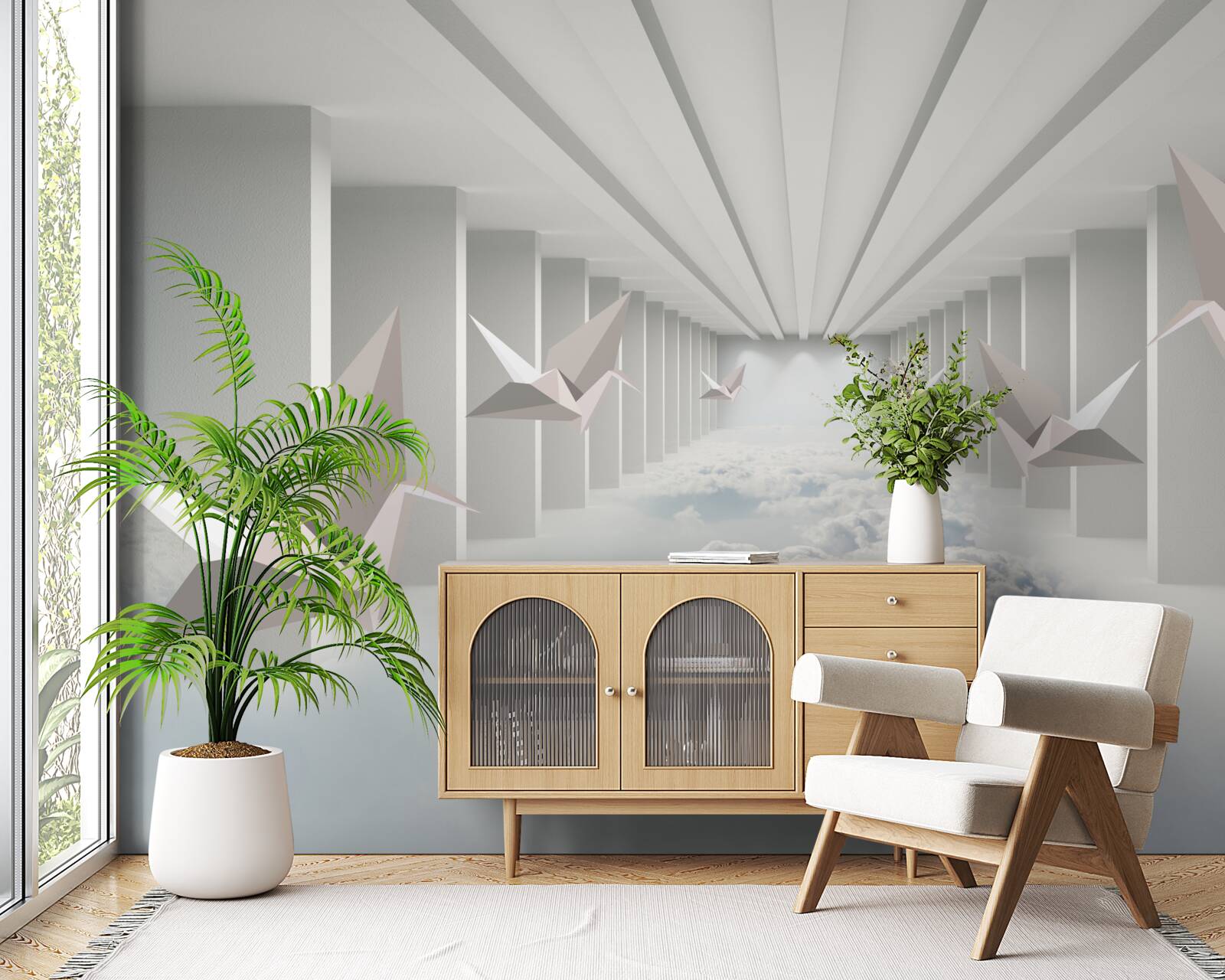 Фотошпалери абстрактна геометрія птахів у хмарах