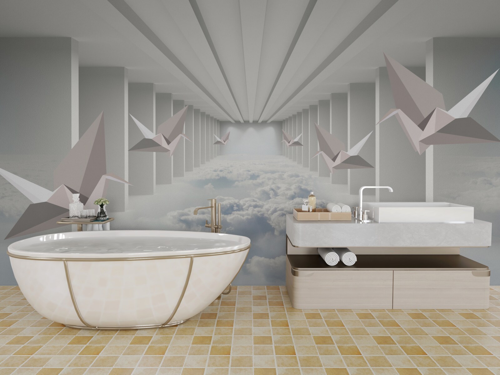 Фотошпалери абстрактна геометрія птахів у хмарах