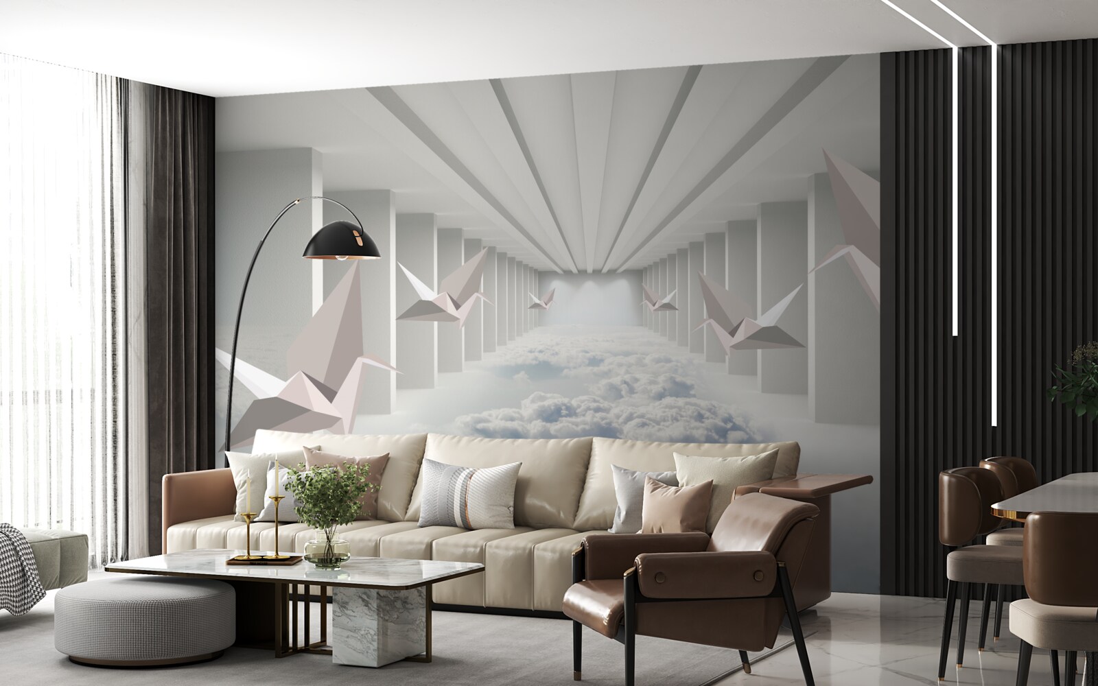 Фотошпалери абстрактна геометрія птахів у хмарах