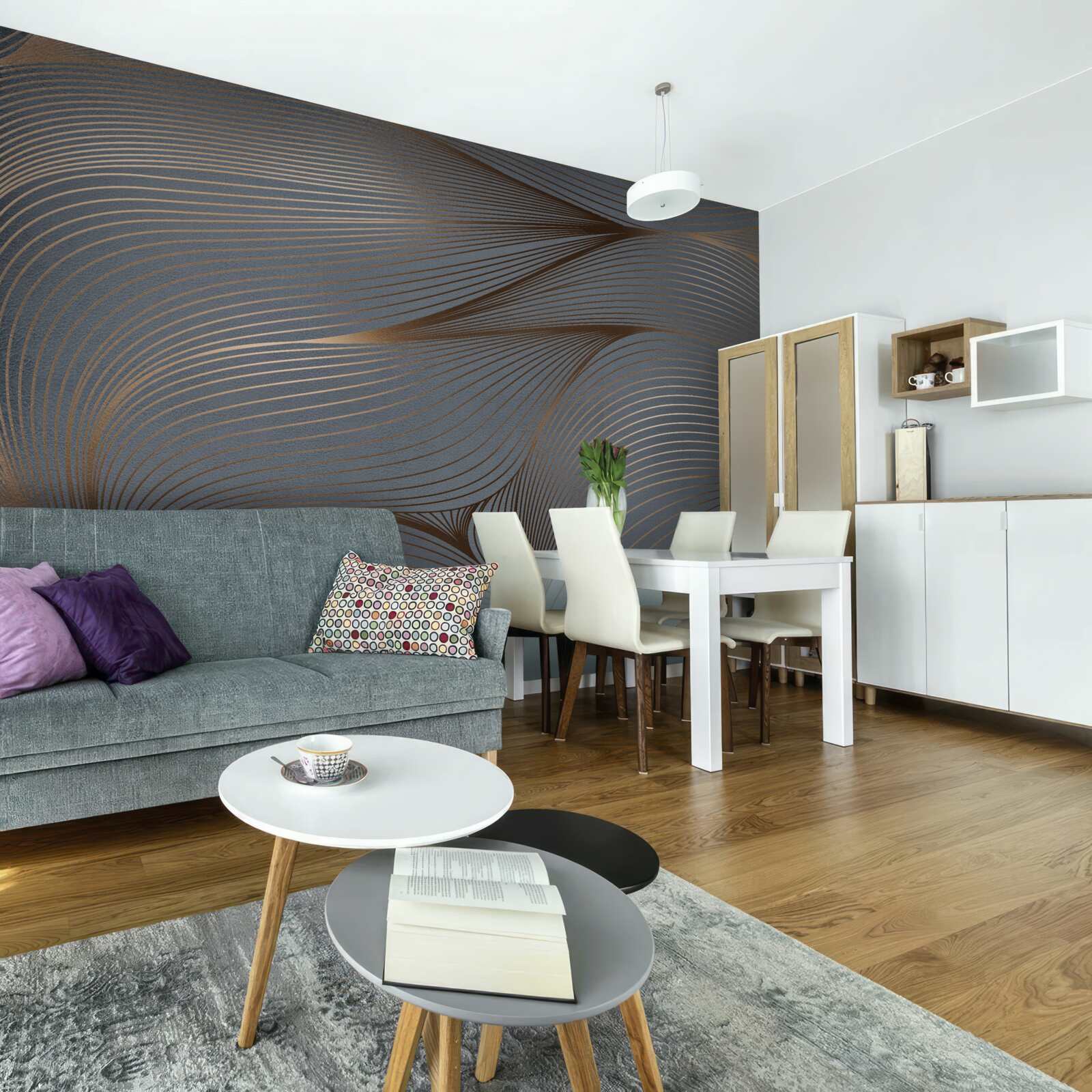 Фотошпалери абстрактні лінії з плавністю та золотистими краями