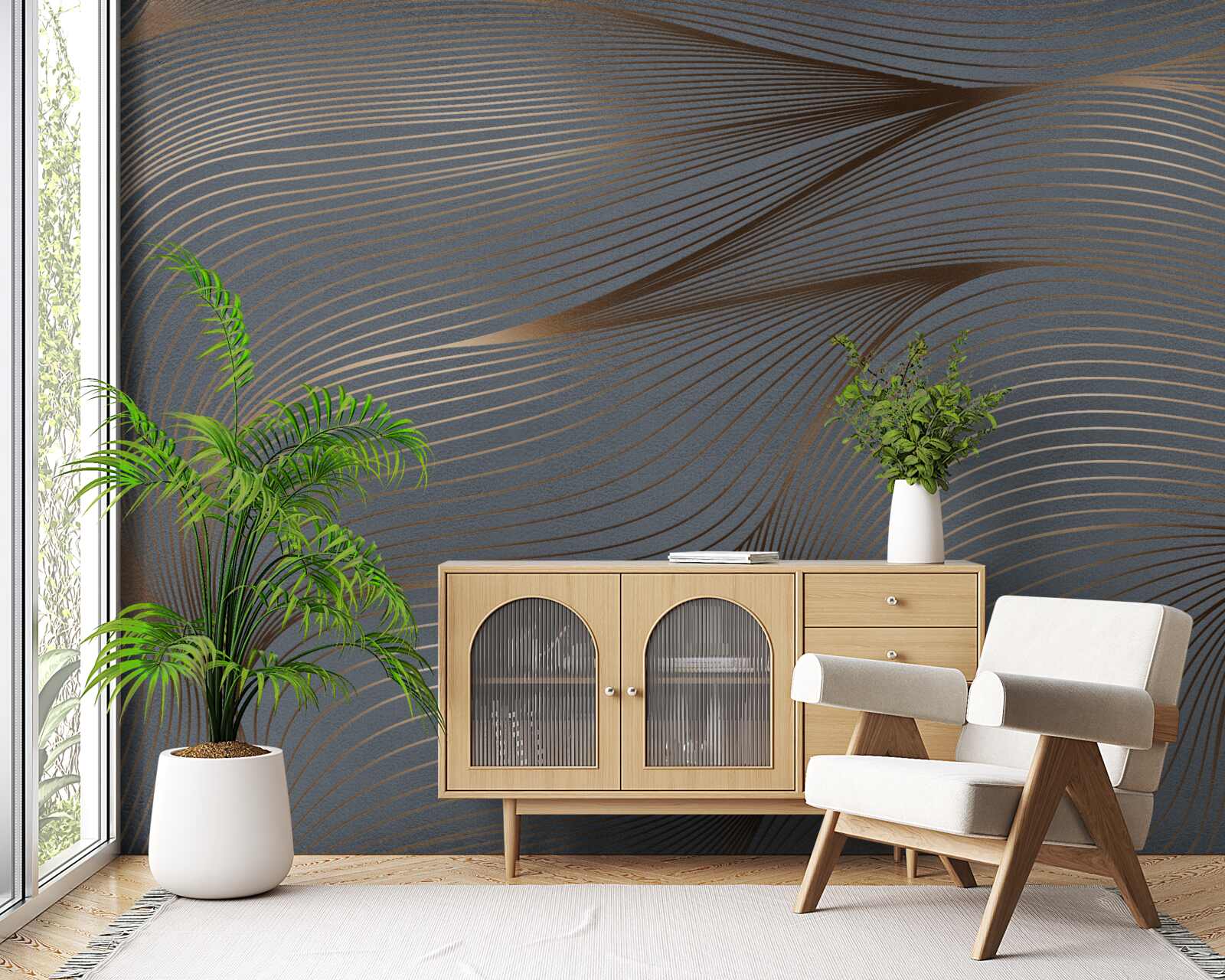 Фотошпалери абстрактні лінії з плавністю та золотистими краями