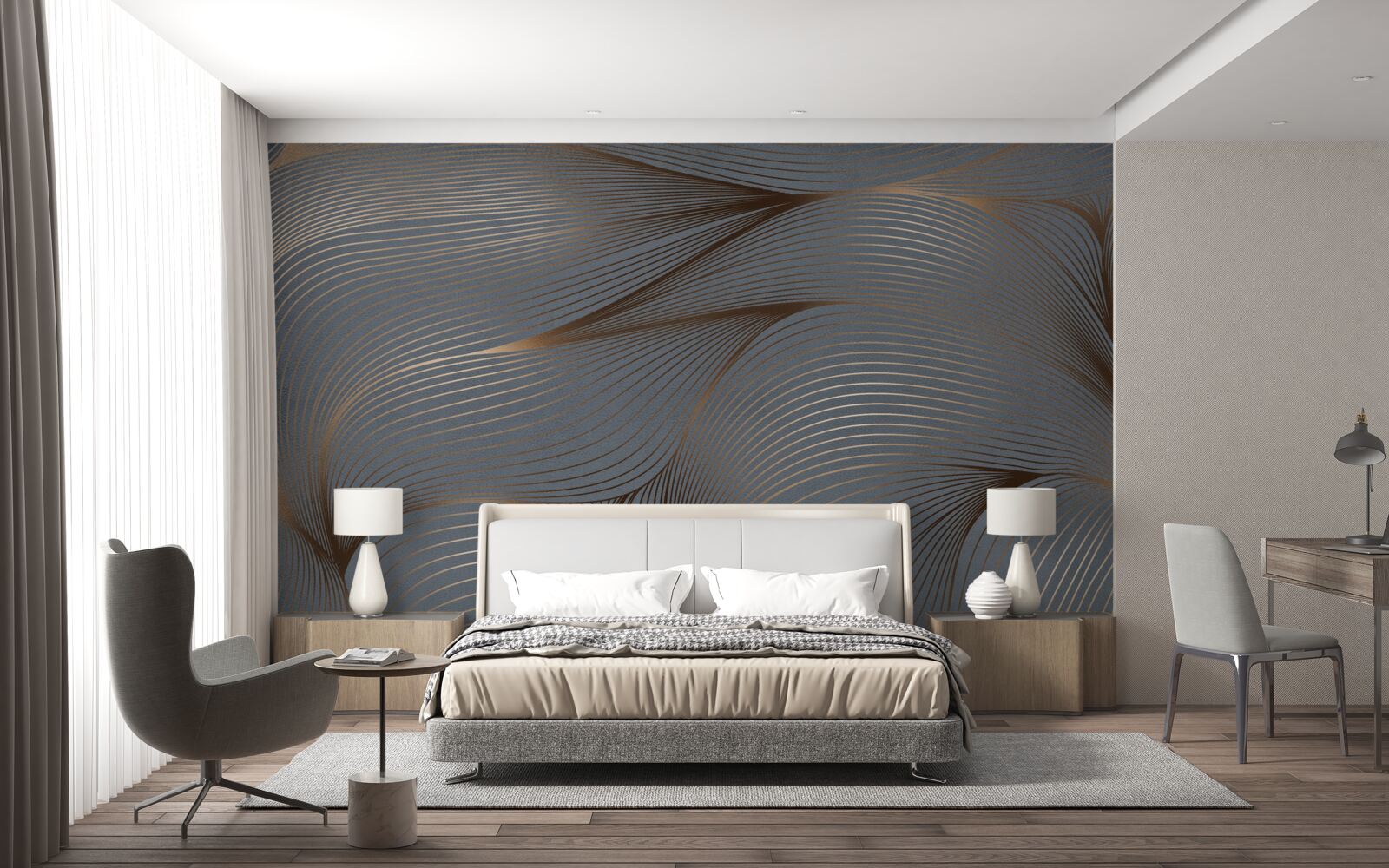 Фотошпалери абстрактні лінії з плавністю та золотистими краями