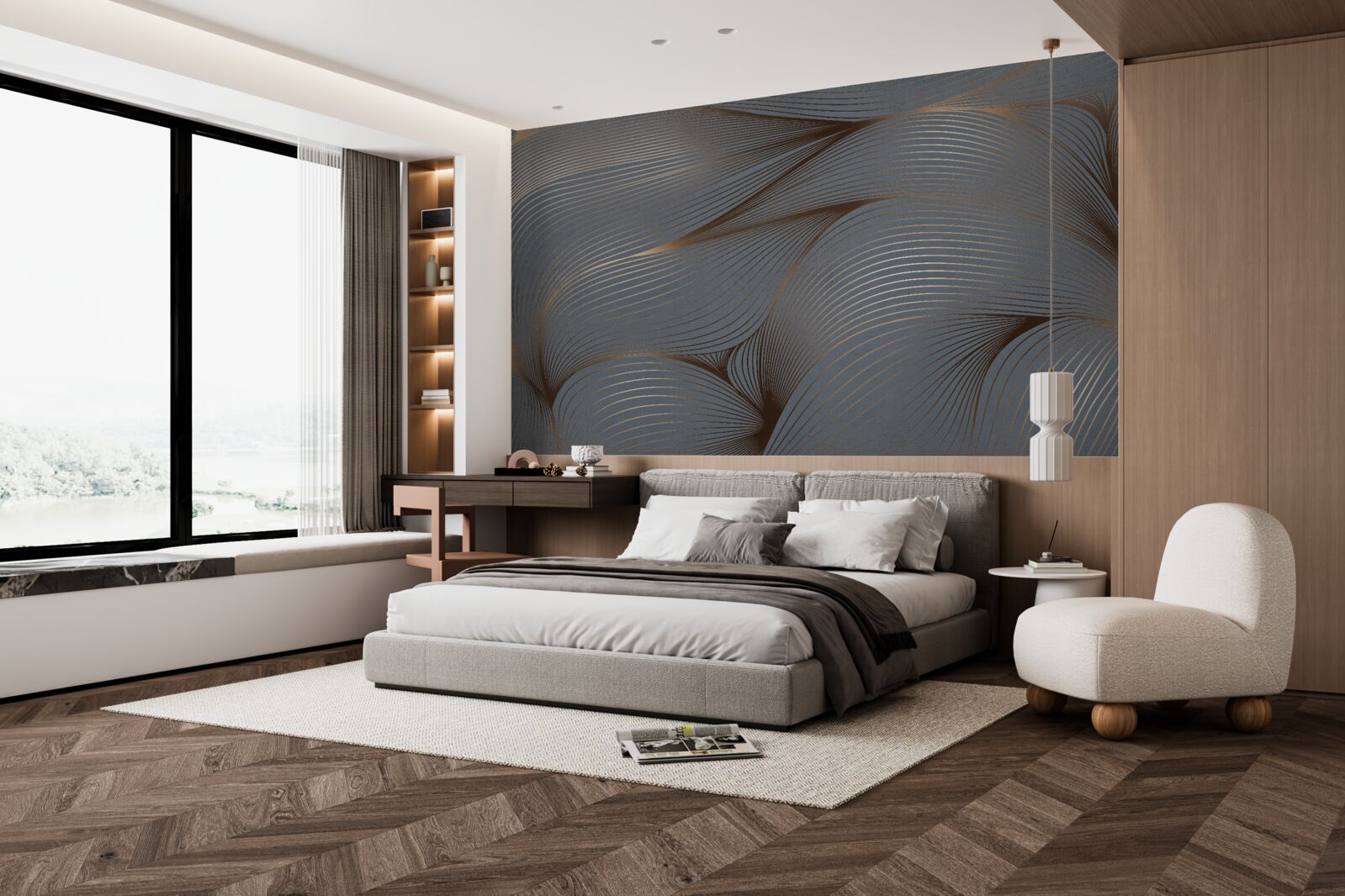 Фотошпалери абстрактні лінії з плавністю та золотистими краями