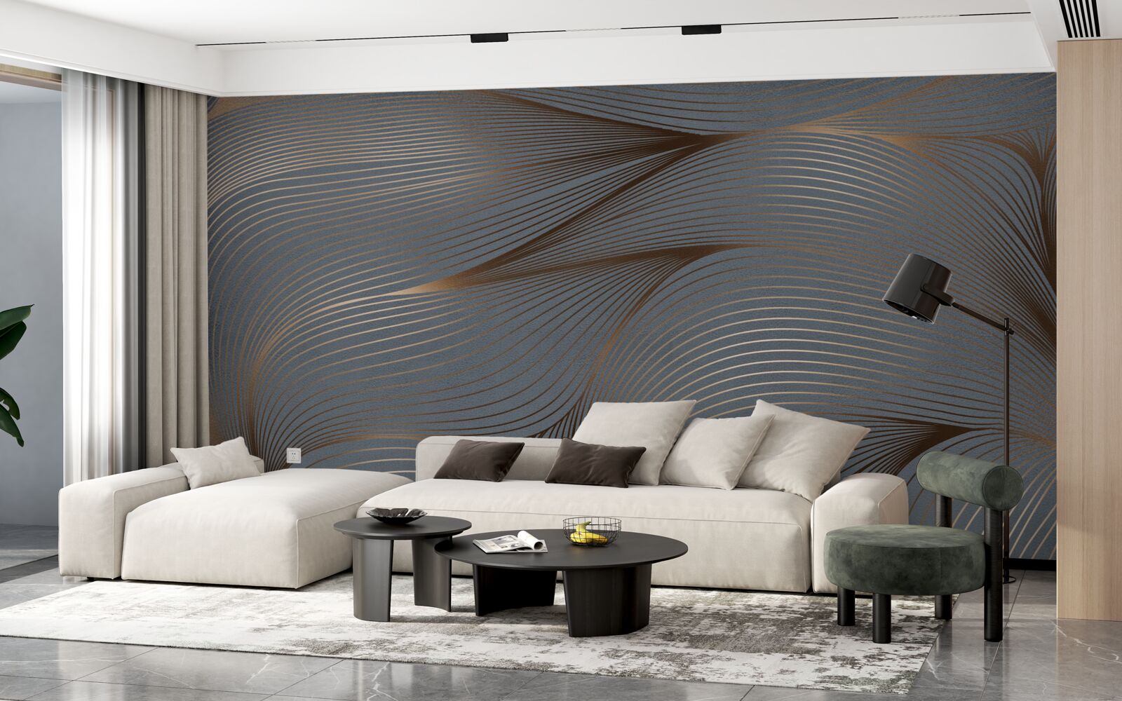 Фотошпалери абстрактні лінії з плавністю та золотистими краями