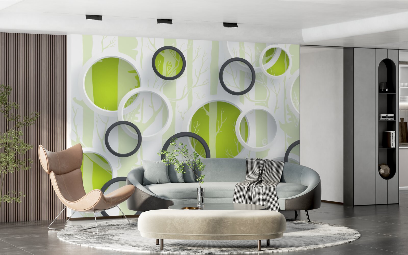 Фотошпалери контурні зображення дерев у чорно-білих колах