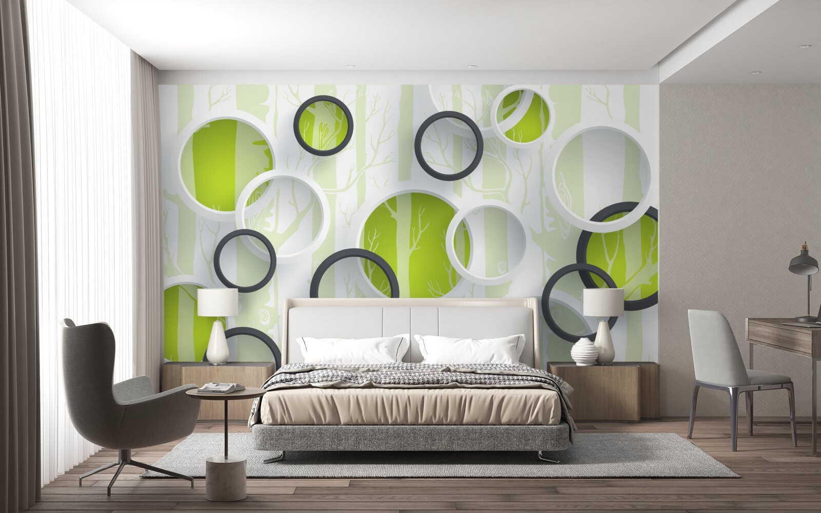 Фотошпалери контурні зображення дерев у чорно-білих колах