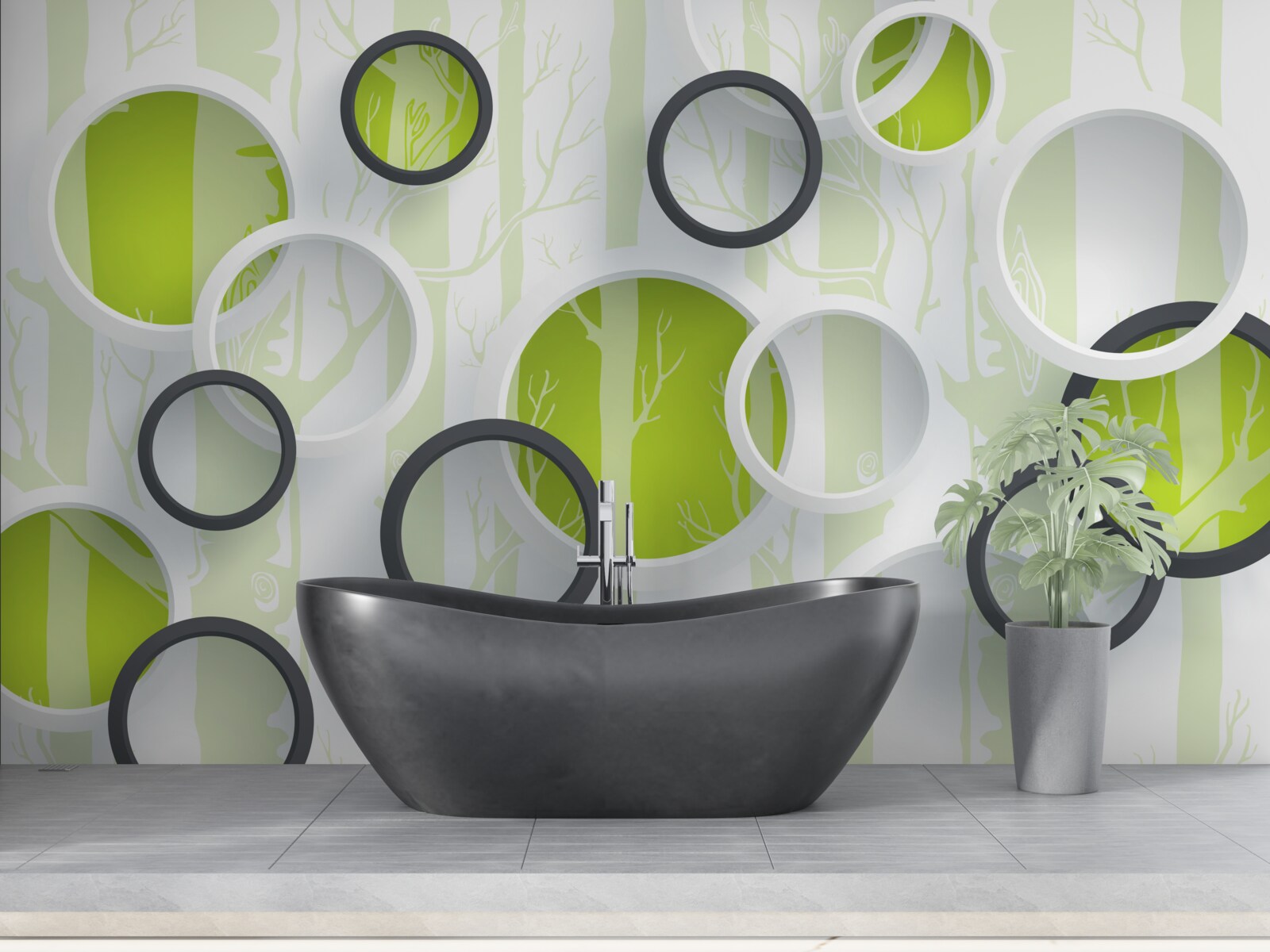 Фотошпалери контурні зображення дерев у чорно-білих колах