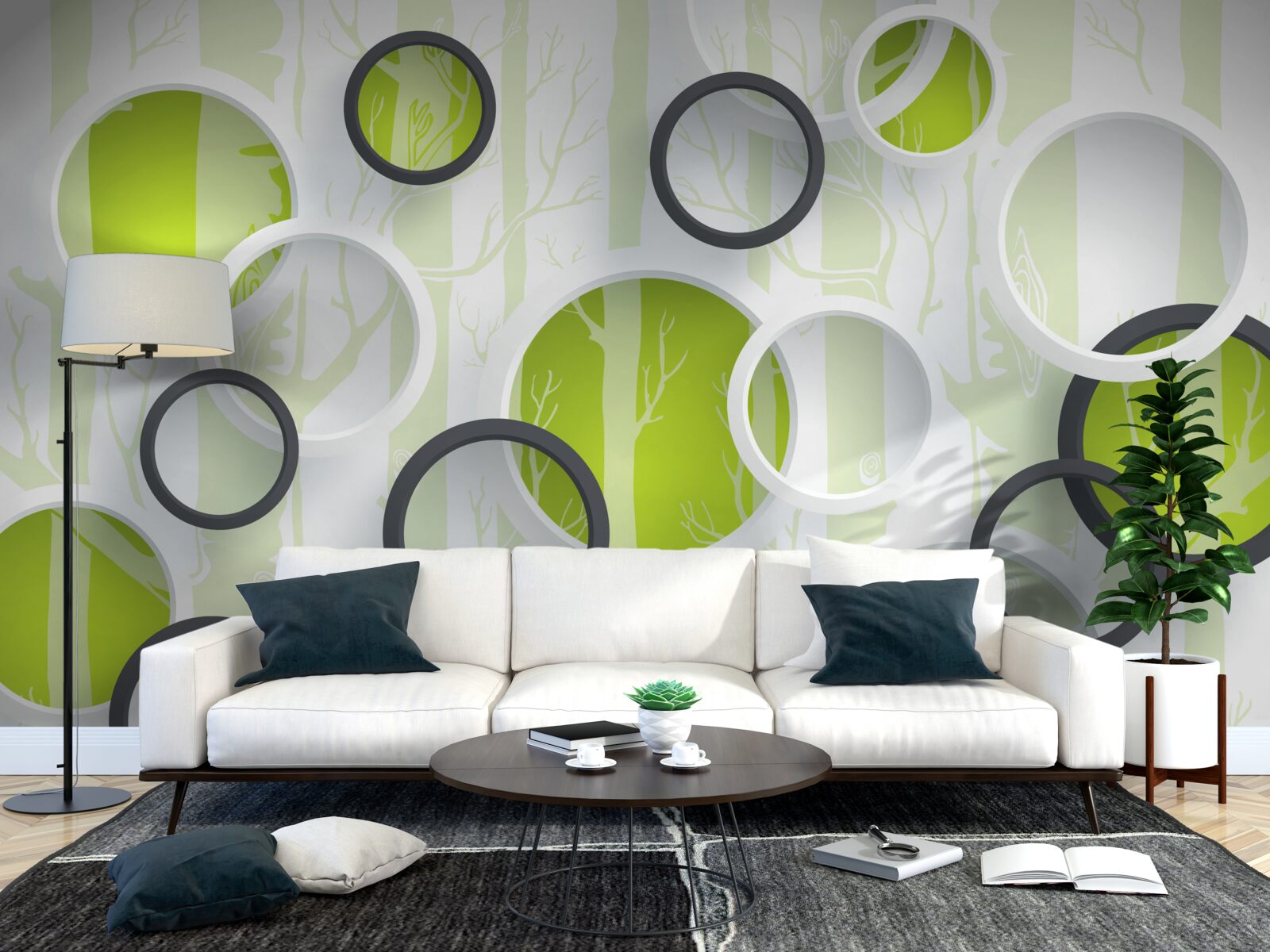 Фотошпалери контурні зображення дерев у чорно-білих колах