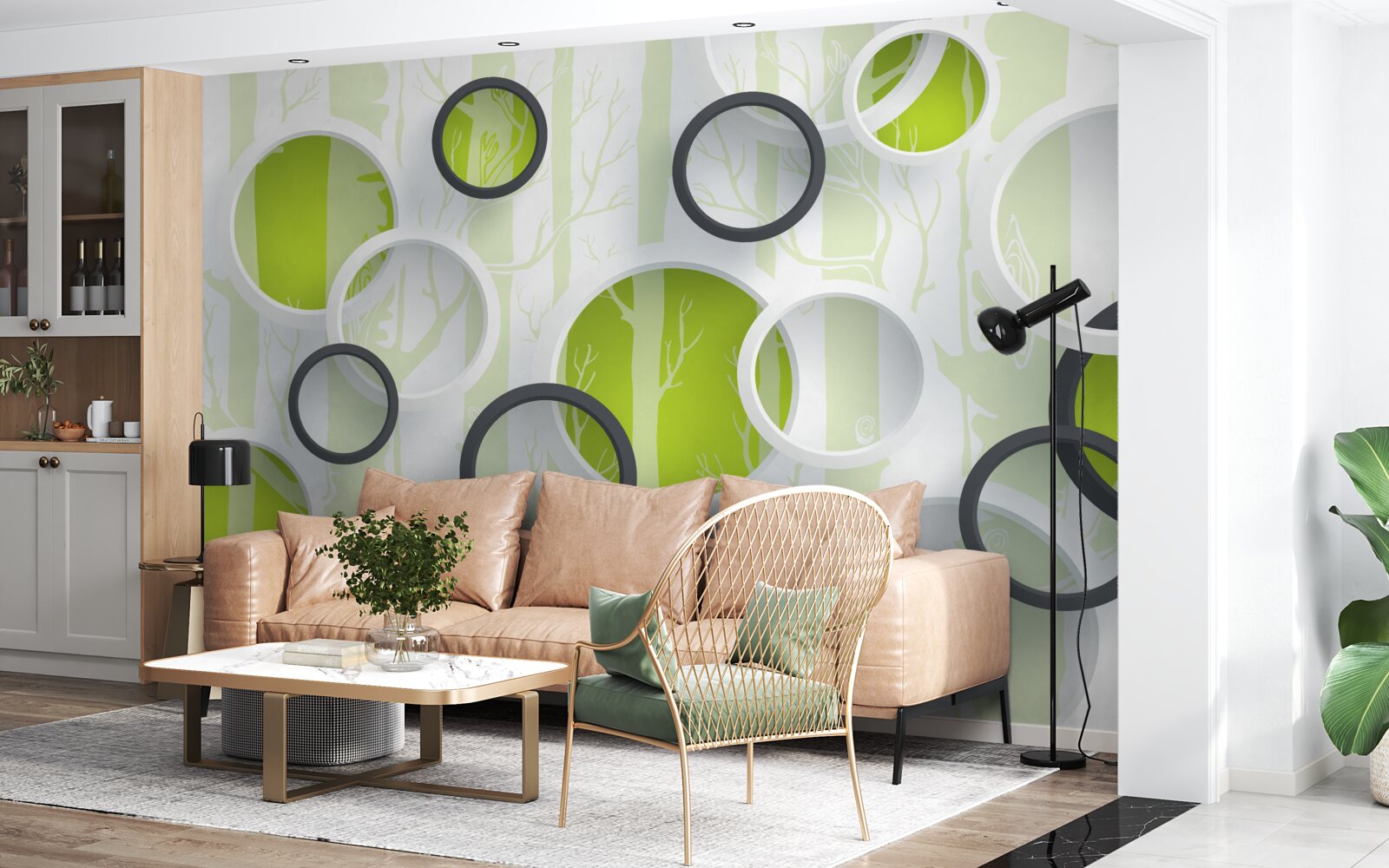 Фотошпалери контурні зображення дерев у чорно-білих колах