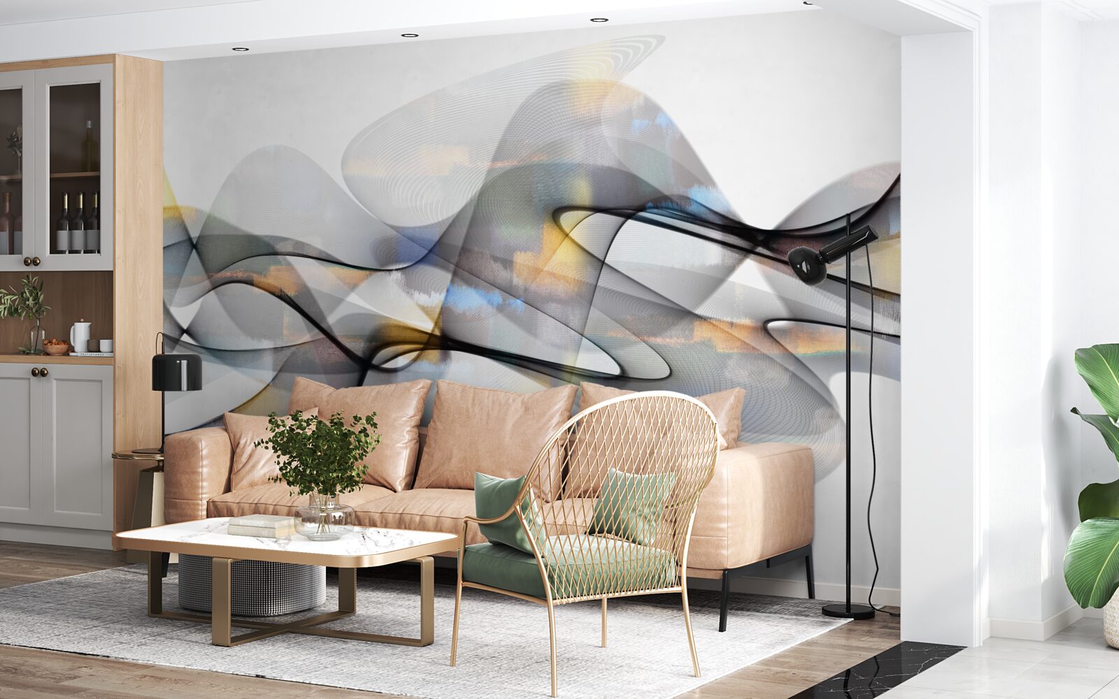 Фотошпалери димчаста структура з золотистими елементами