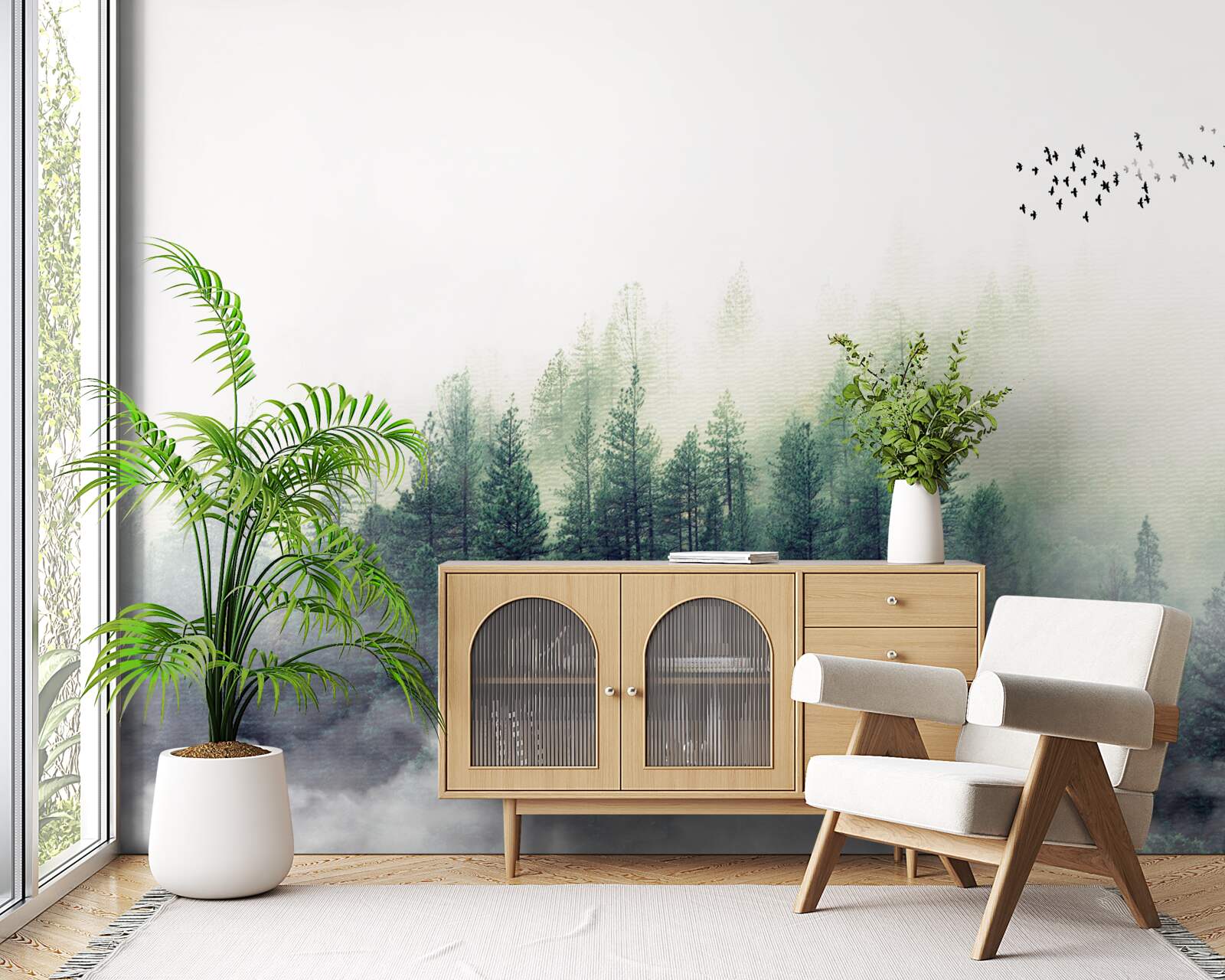 Фотошпалери ліс під птахами вкривається туманом