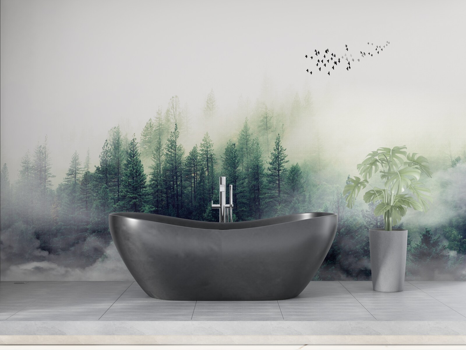 Фотошпалери ліс під птахами вкривається туманом