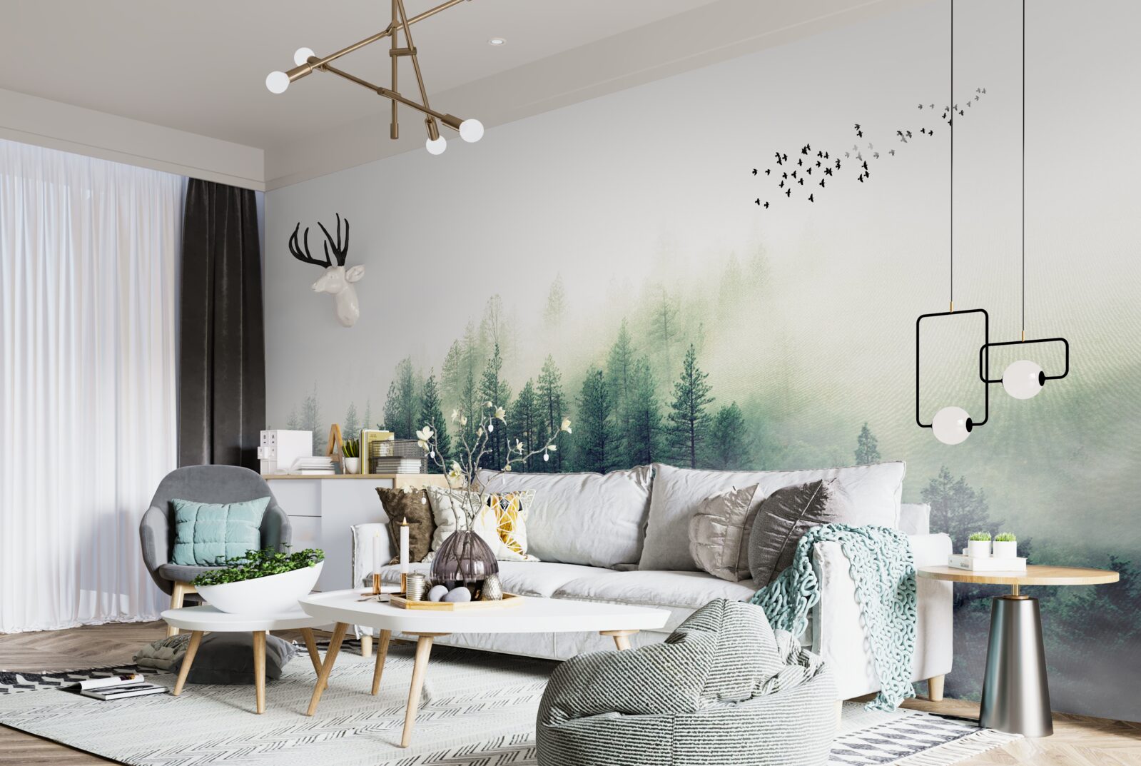 Фотошпалери ліс під птахами вкривається туманом