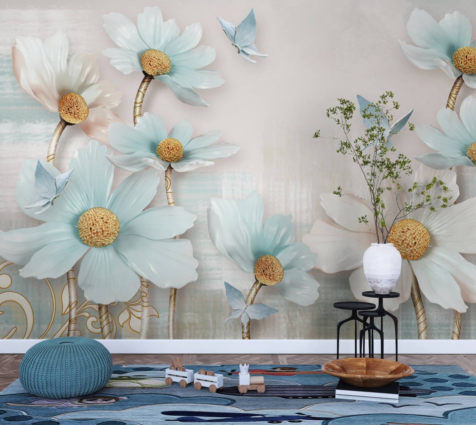 Фотошпалери великі квіти в біло-блакитних тонах