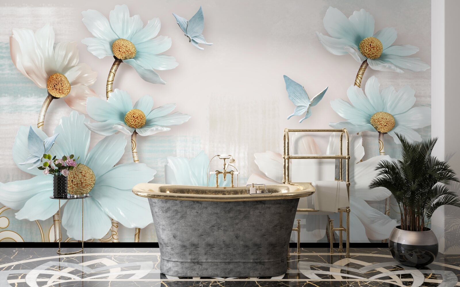 Фотошпалери великі квіти в біло-блакитних тонах