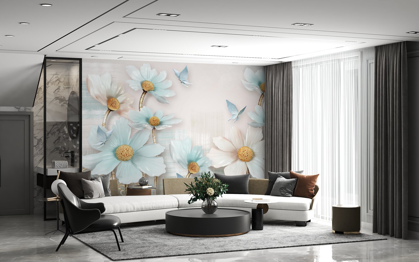 Фотошпалери великі квіти в біло-блакитних тонах